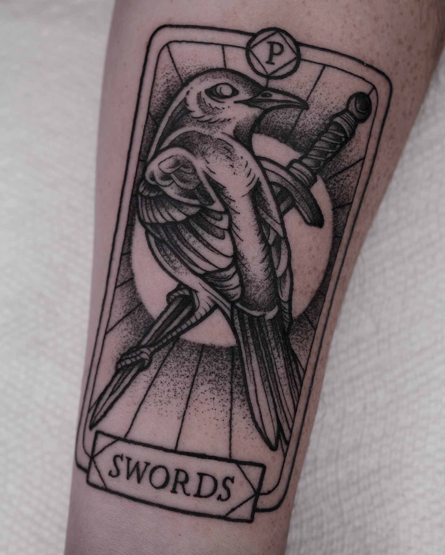 Bird holding sword dotwork tattoo on the forearm by Kyle Patrick