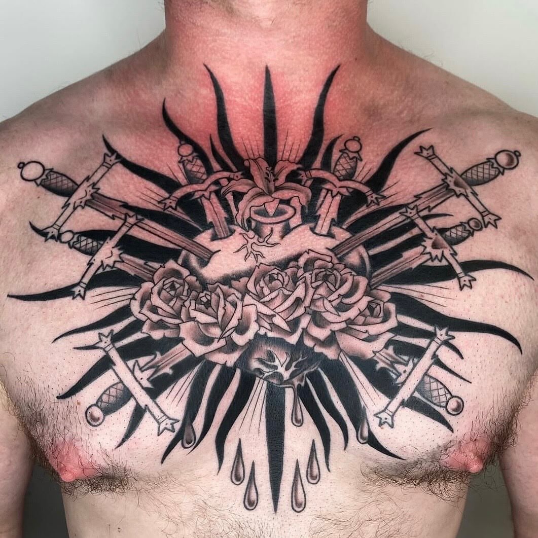 Roses and swords geometric tattoo on the chest by Vivian HavaTattoo, Richmond, Virginia
