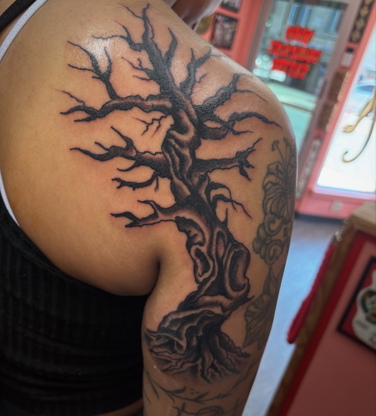 Tree black and grey tattoo on the shoulder by adamsayre, San Diego, California