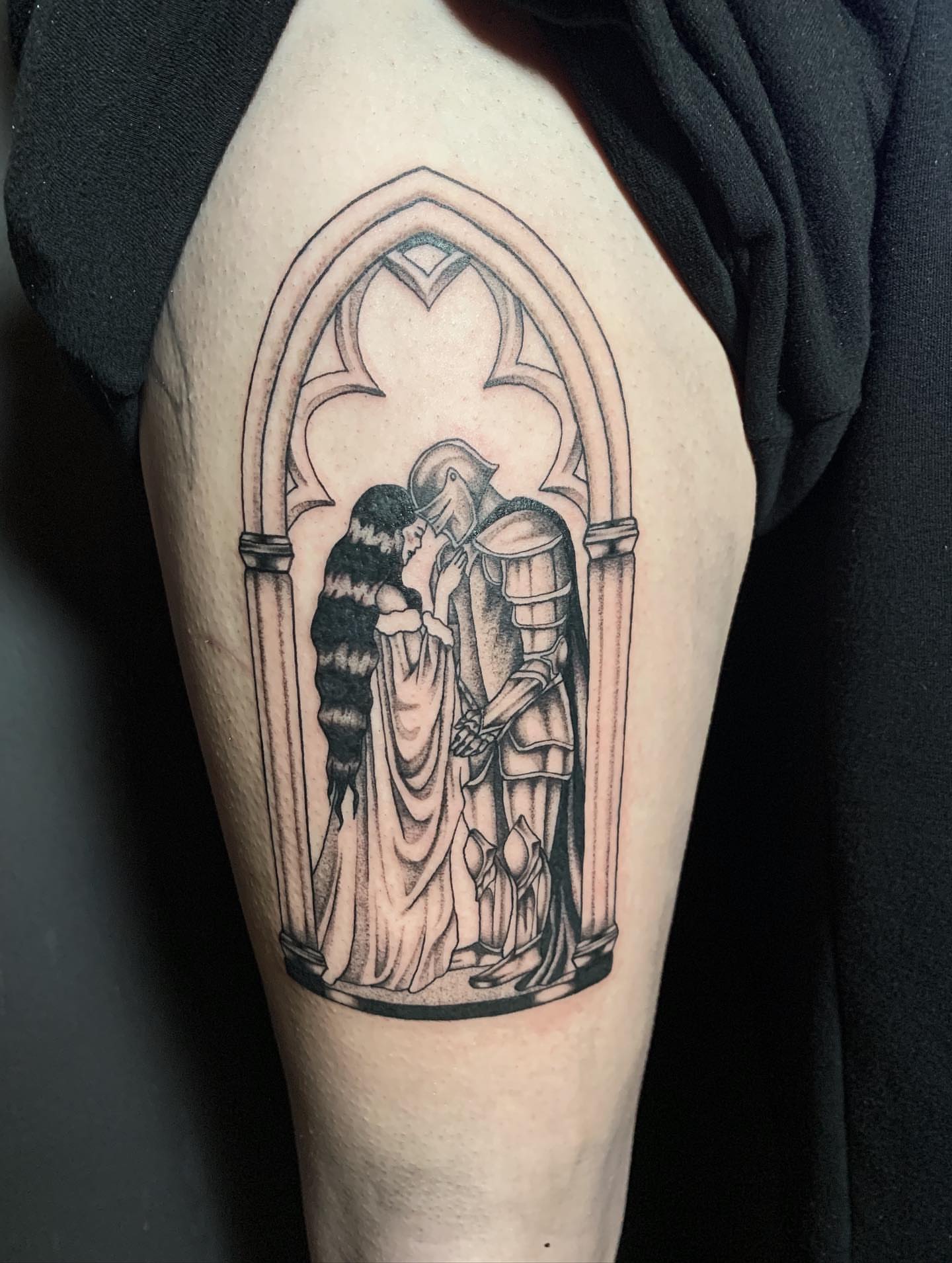 Knight and woman realism tattoo on the forearm by Jess, Midvale, Utah
