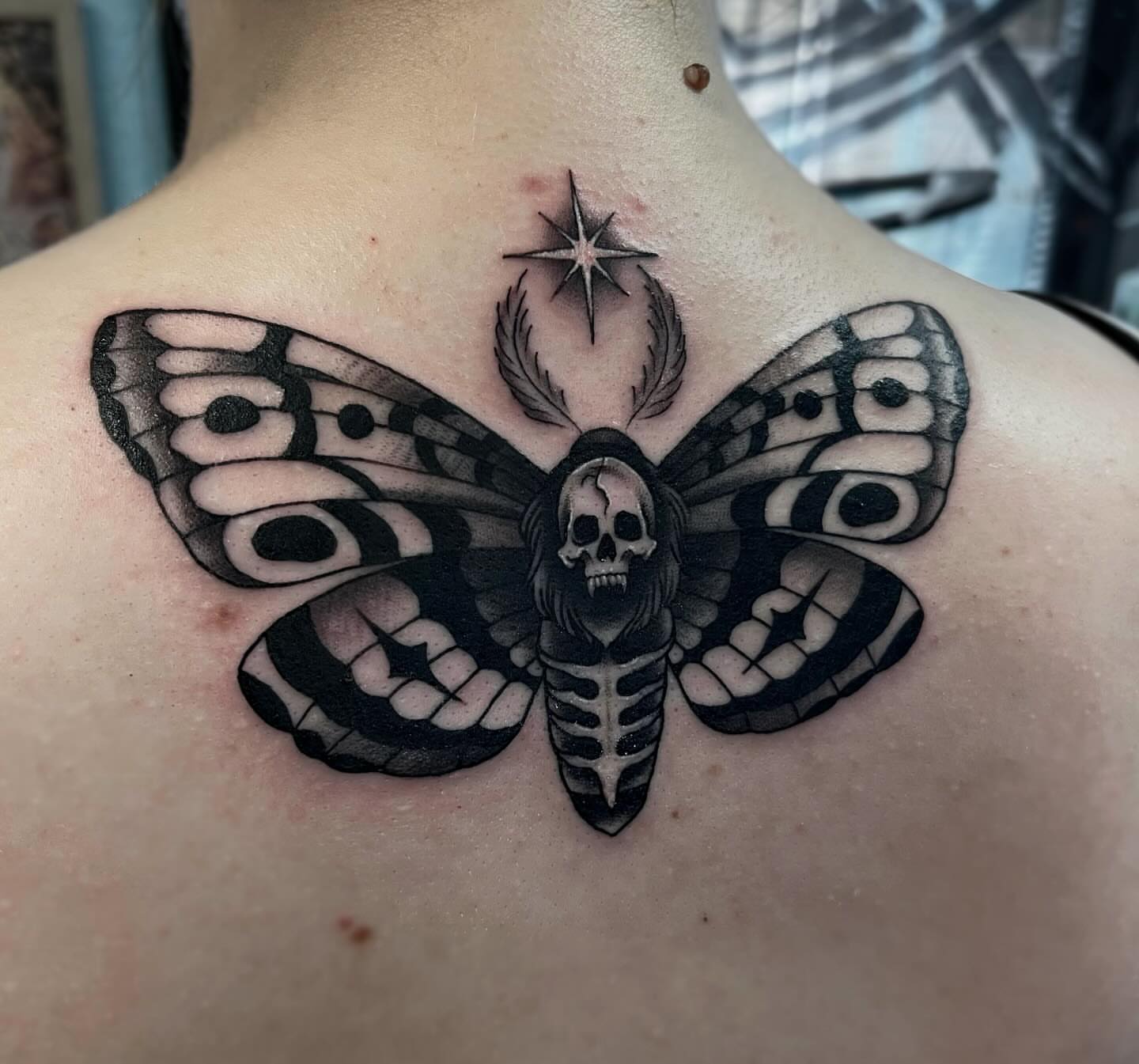 Moth with skull dark realism tattoo on the back by Sacramento Tattoos (Ilona)