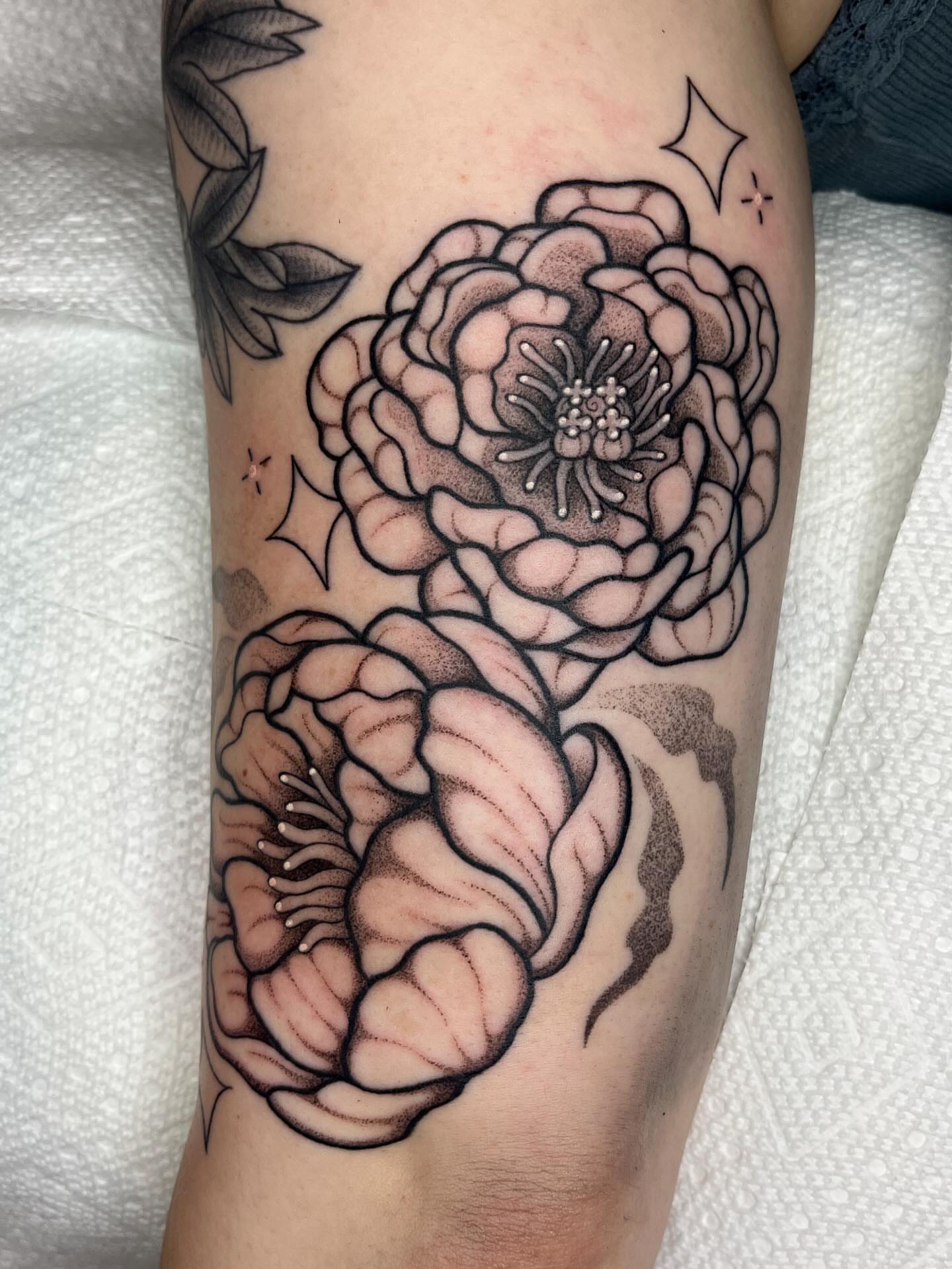 Peony flowers black and grey tattoo on the forearm by Abby Brooks, Memphis, Tennessee