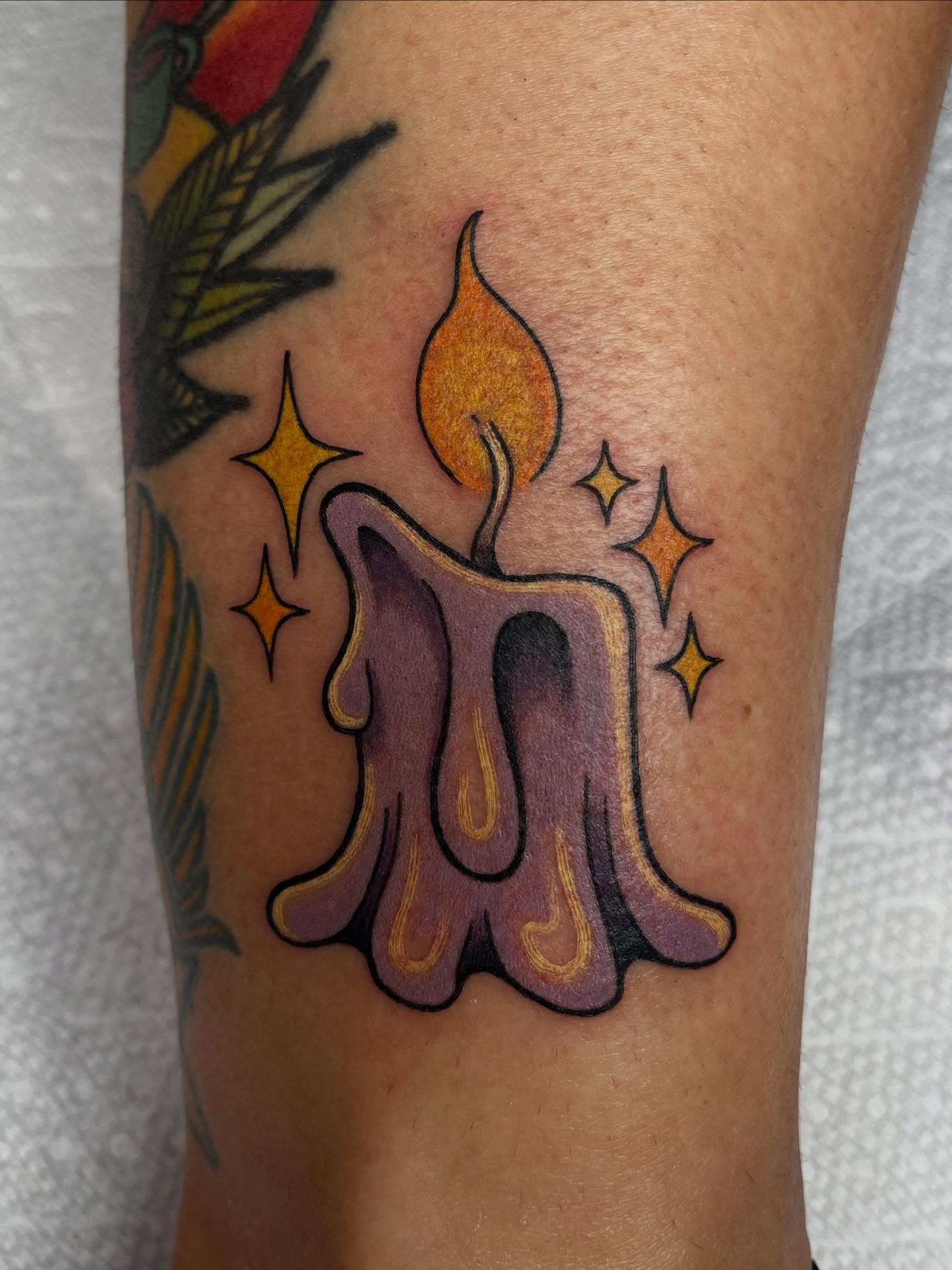 Candle new school tattoo on the forearm by Abby Brooks, Memphis, Tennessee