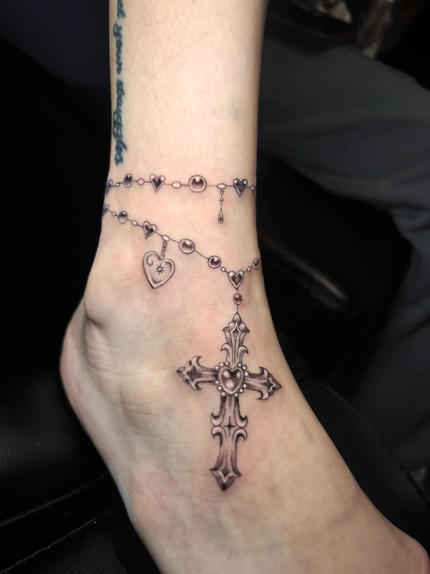 Rosary cross black and grey tattoo on the foot by l i z ✶