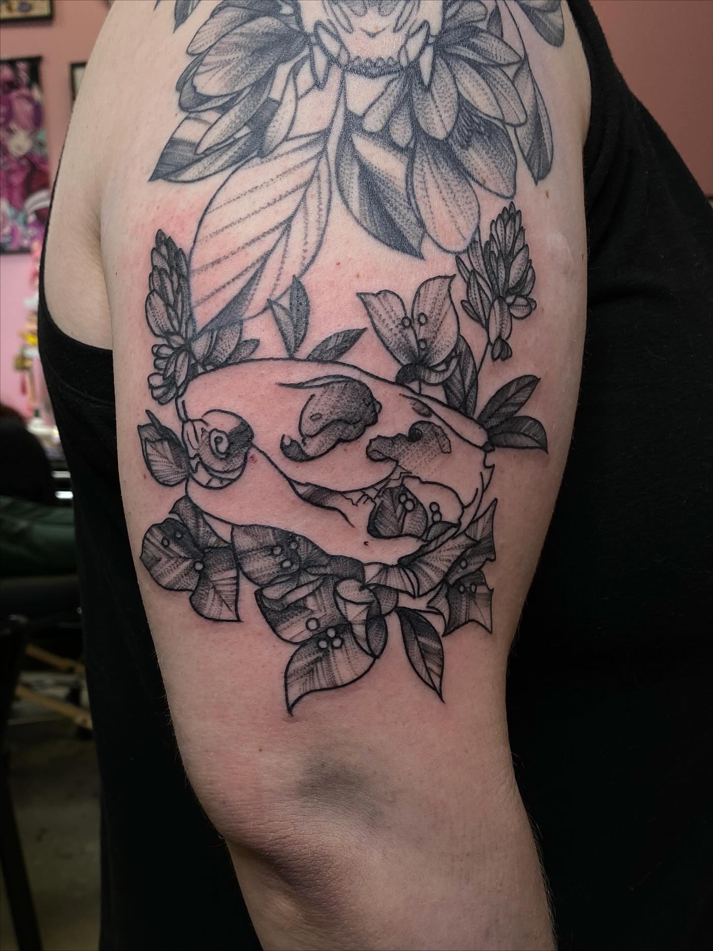 Fish and floral black and grey tattoo on the forearm by @kaitlin.tattoos, Richmond, Virginia