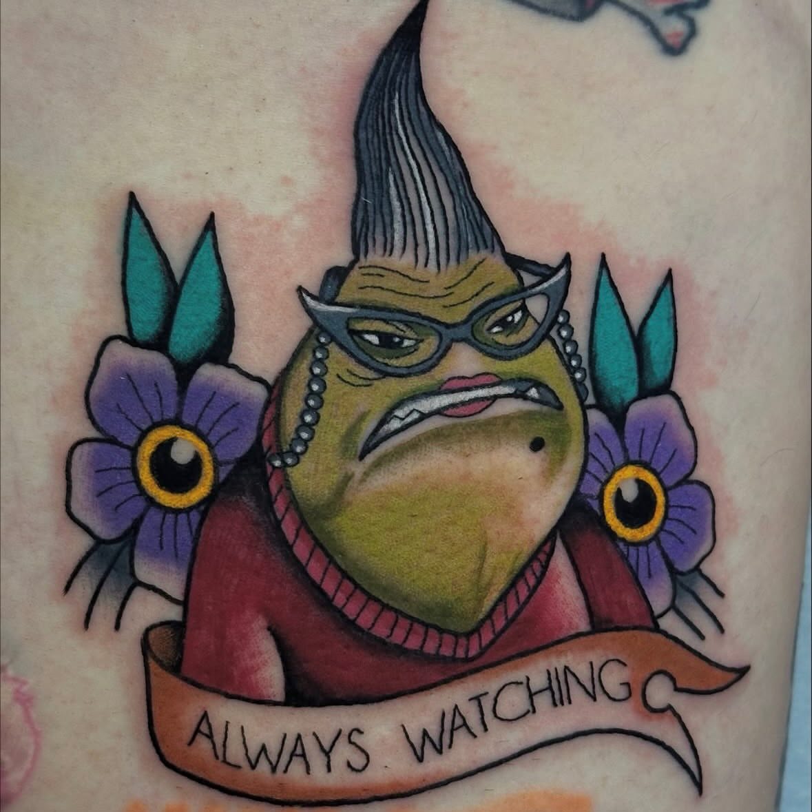 Elf-like character American traditional tattoo on the thigh by Emily Masa