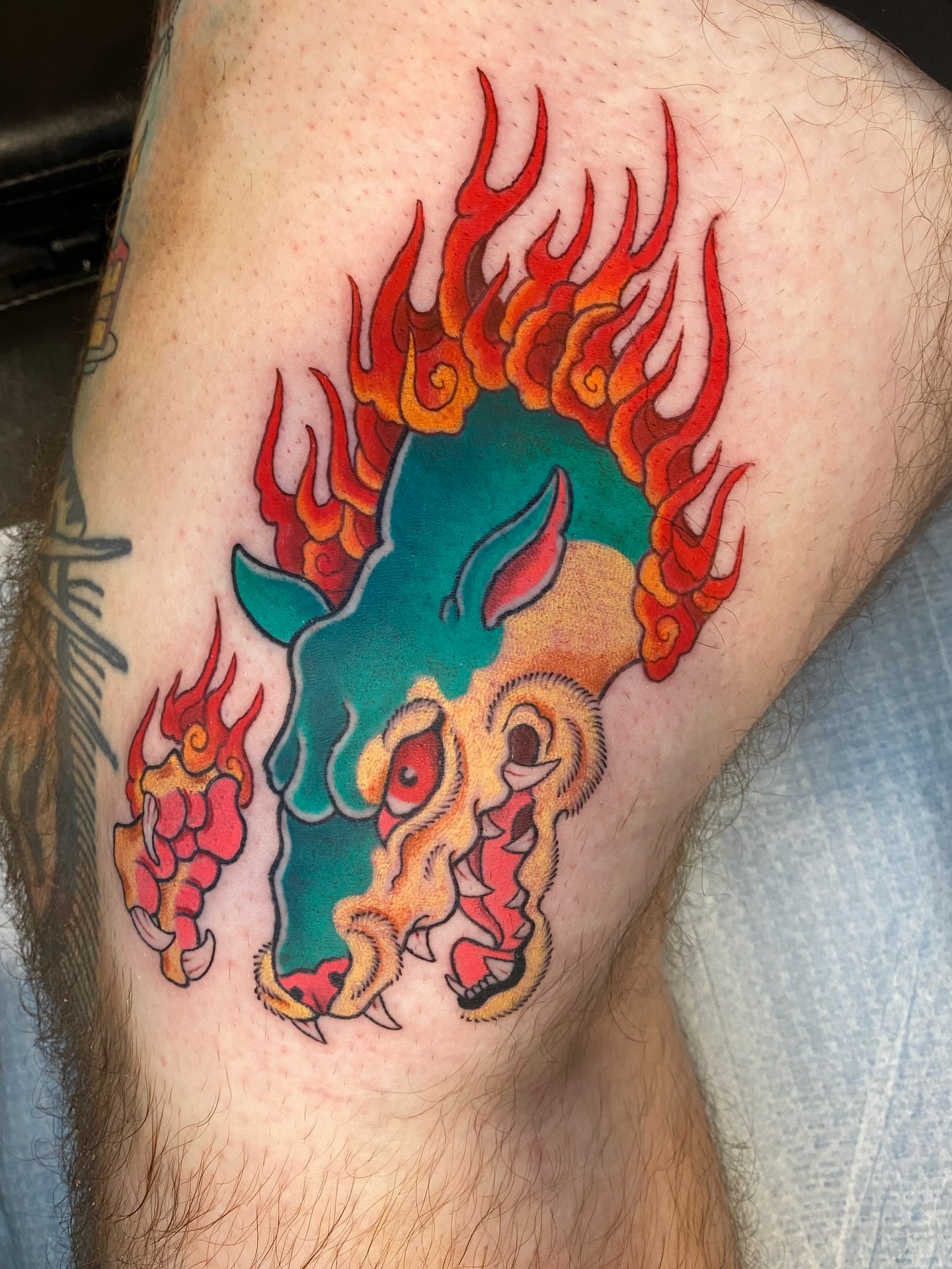 Mythical creature new school tattoo on the thigh by Mitch Bonifay