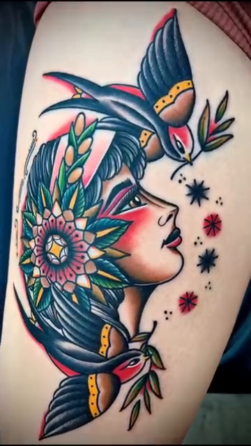 Woman with swallows American traditional tattoo by Massimiliano pennella