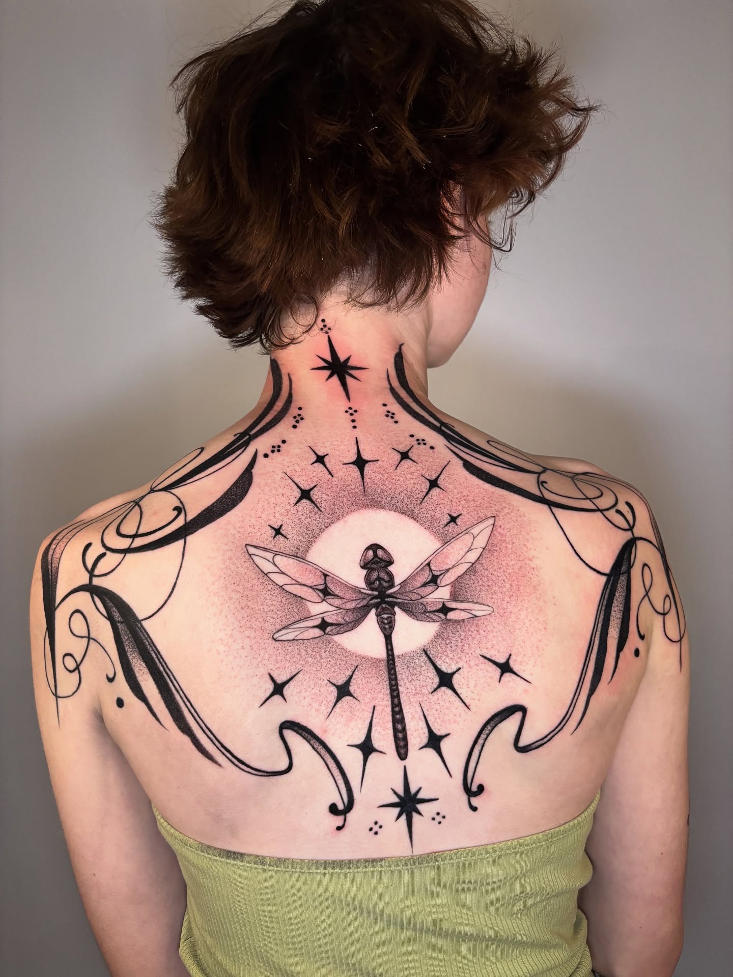 Dragonfly dotwork tattoo on the back by π―πππππ