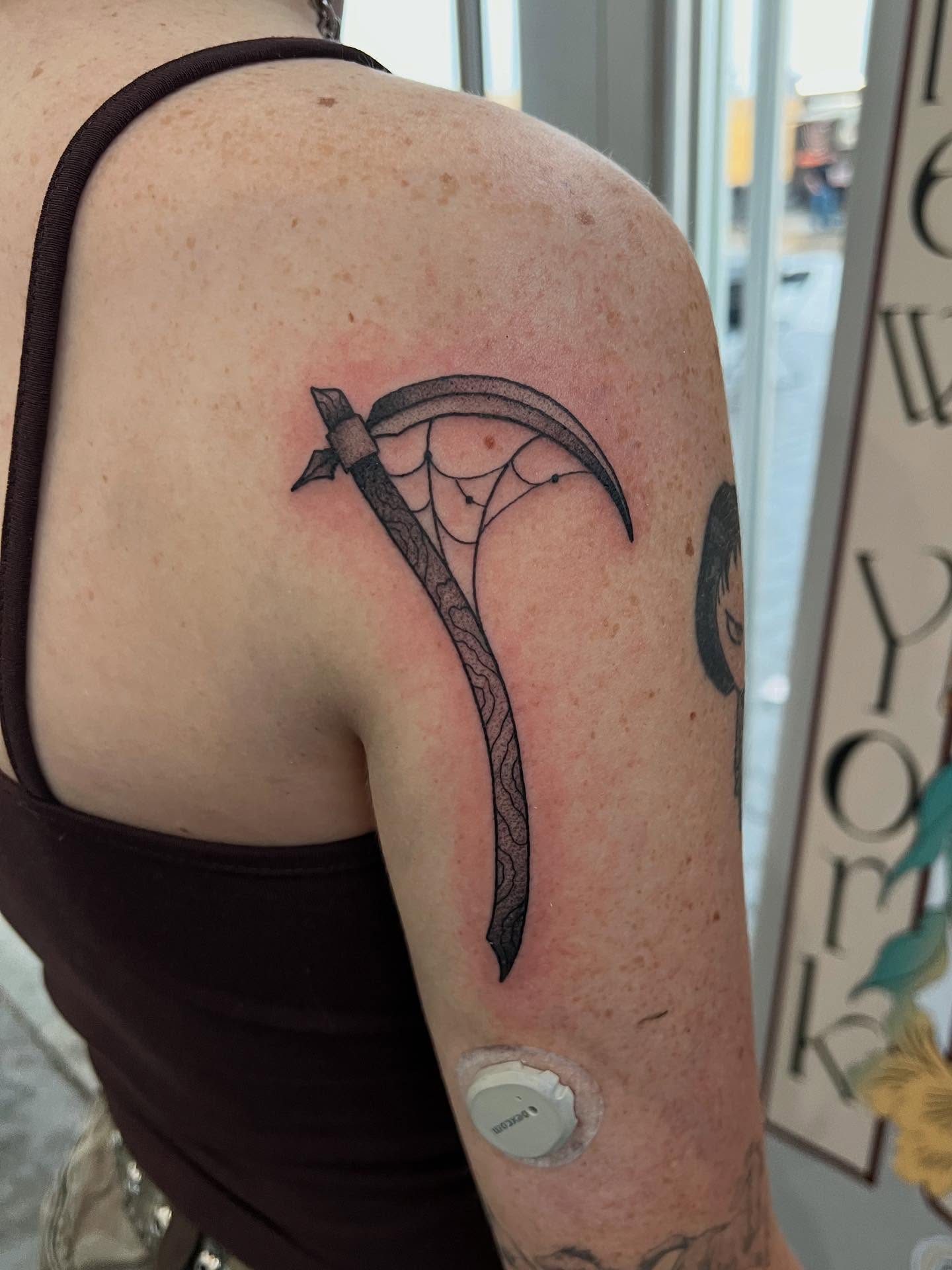 Scythe black and grey tattoo on the shoulder by 𝖆𝖑𝖞𝖘𝖘𝖆 ☽