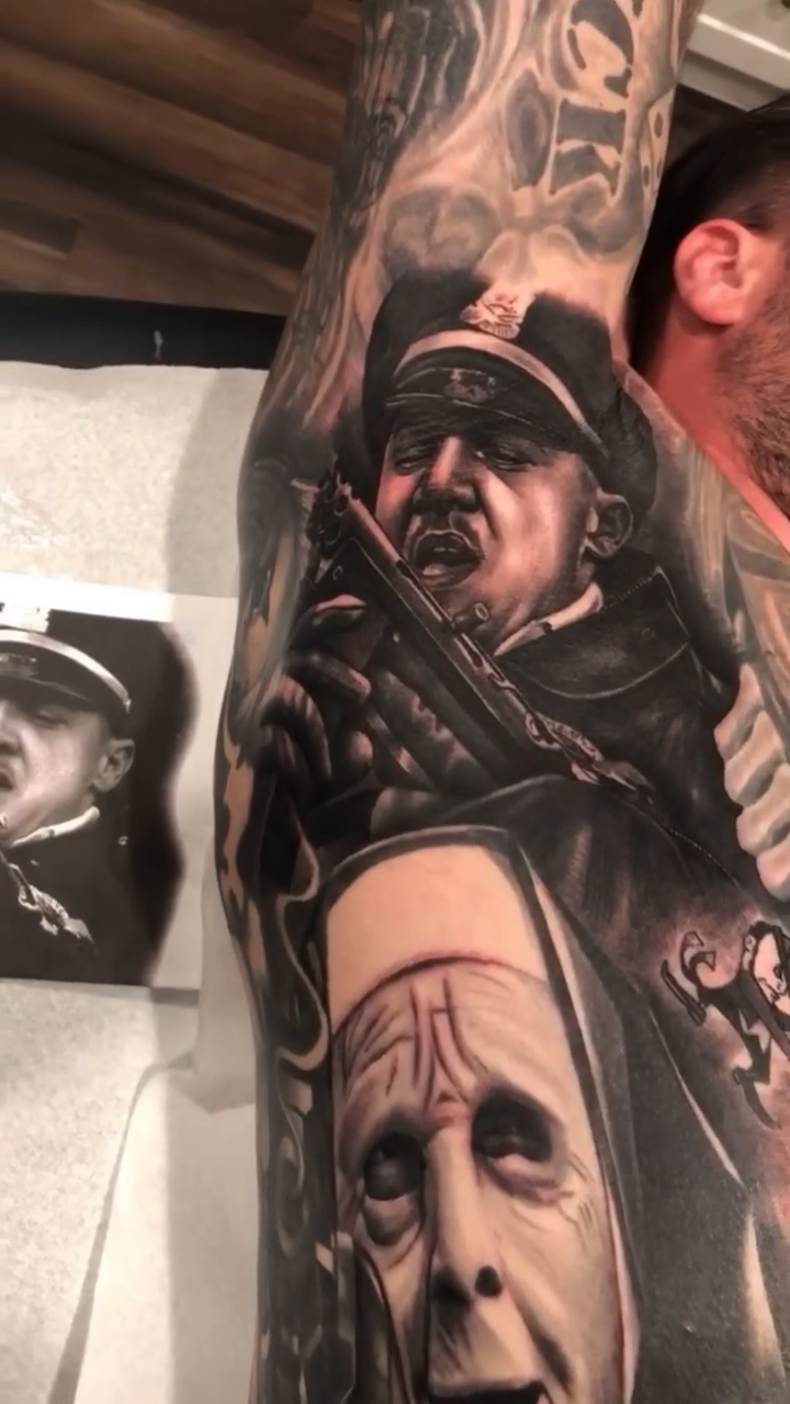 Nuns and soldiers realism tattoo by Joshua ramirez, Montebello, California