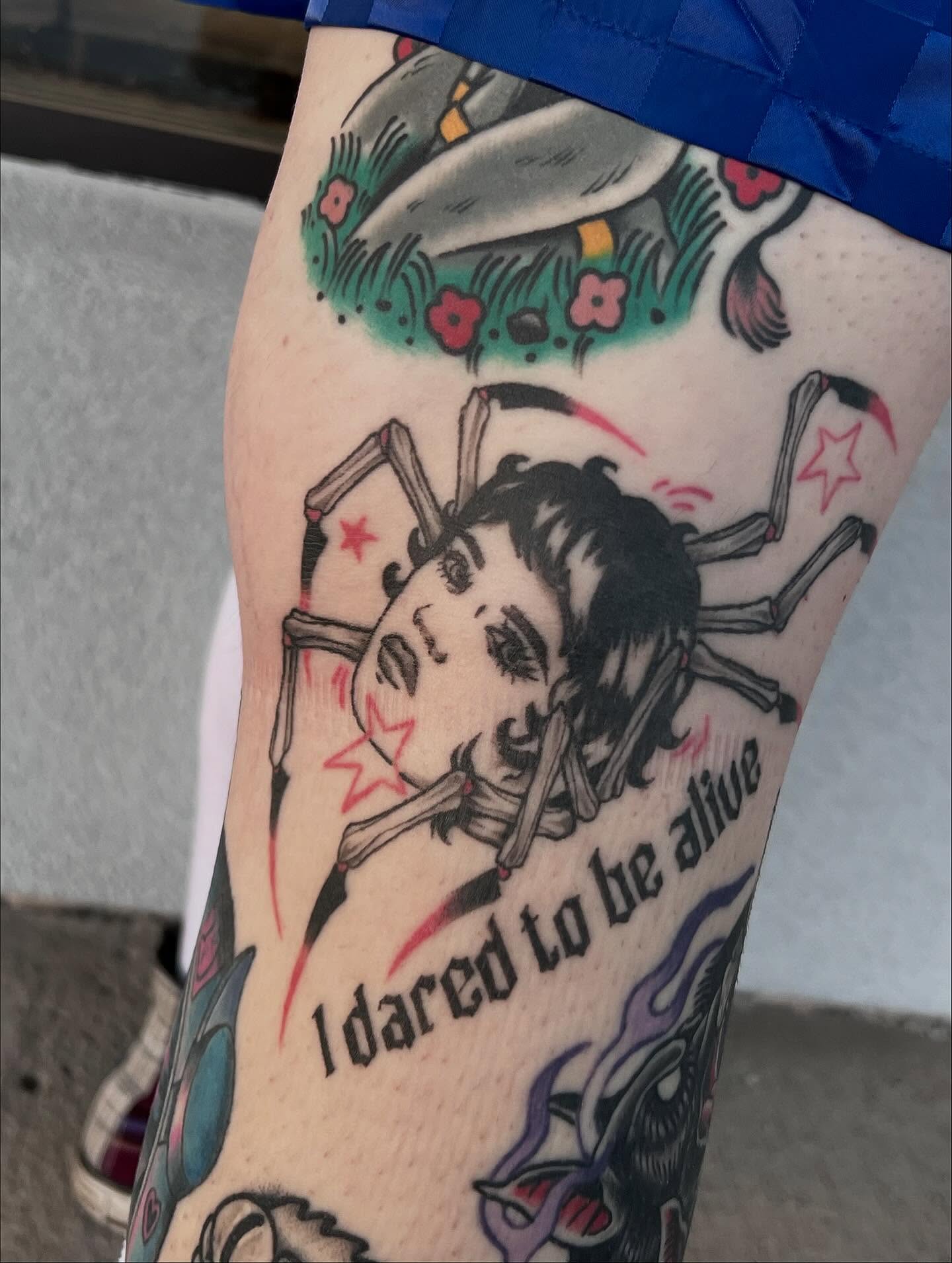 Woman with spider American traditional tattoo on the forearm by Callie πͺ