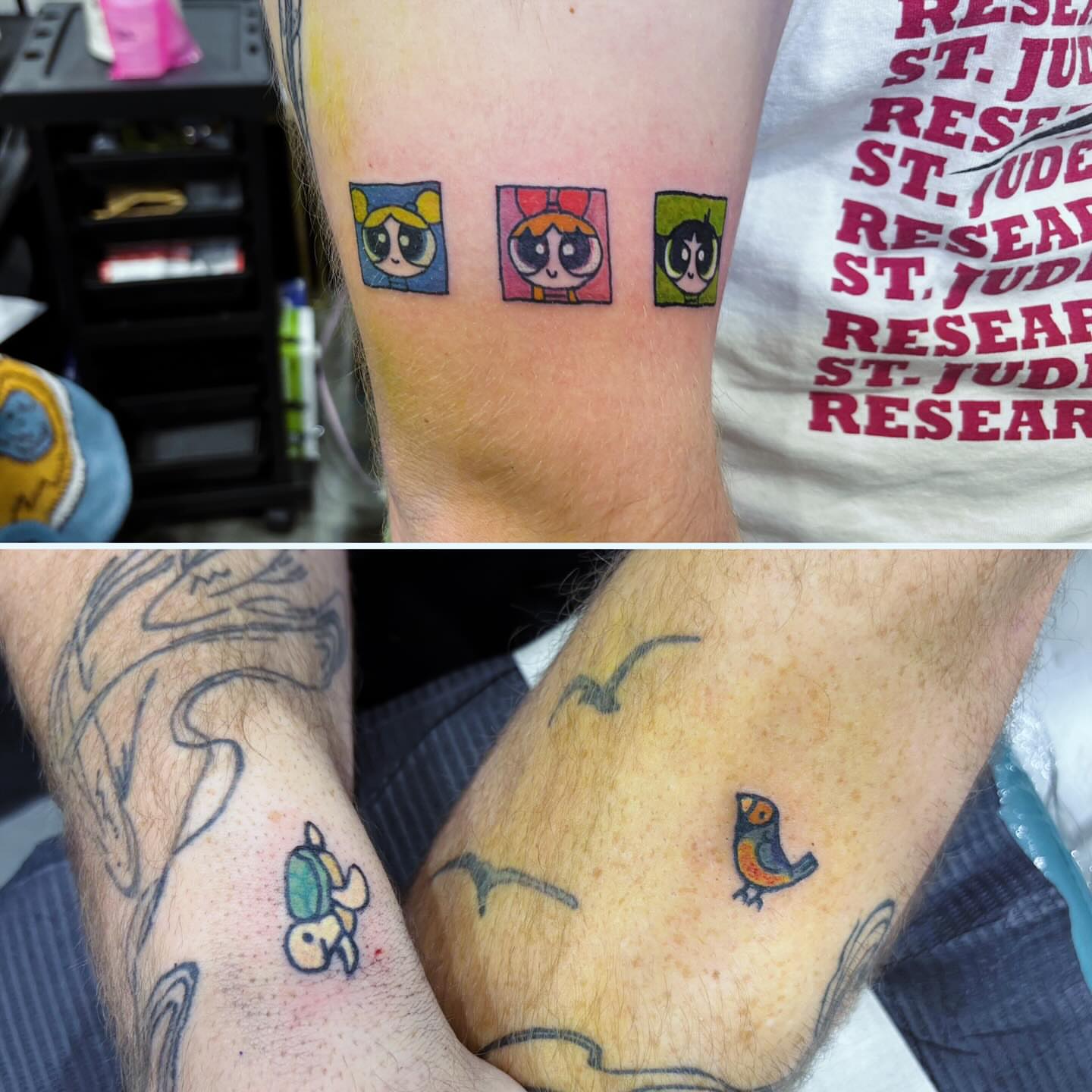 Powerpuff Girls dotwork tattoo on the forearm by Runtz Tattoo, Greensboro, North Carolina