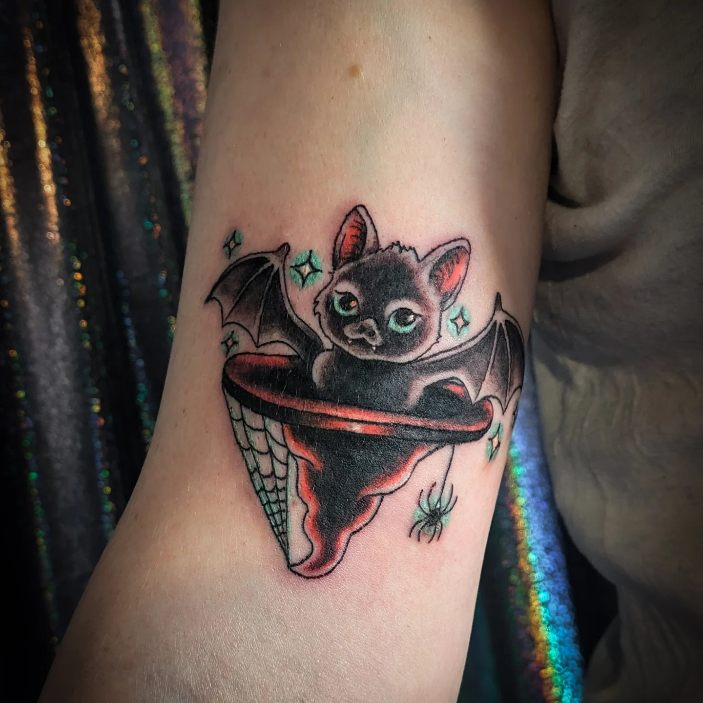 Bat American traditional tattoo on the forearm by Miranda Gilvarry - Thin Skin Tattoos, Salt Lake City, Utah