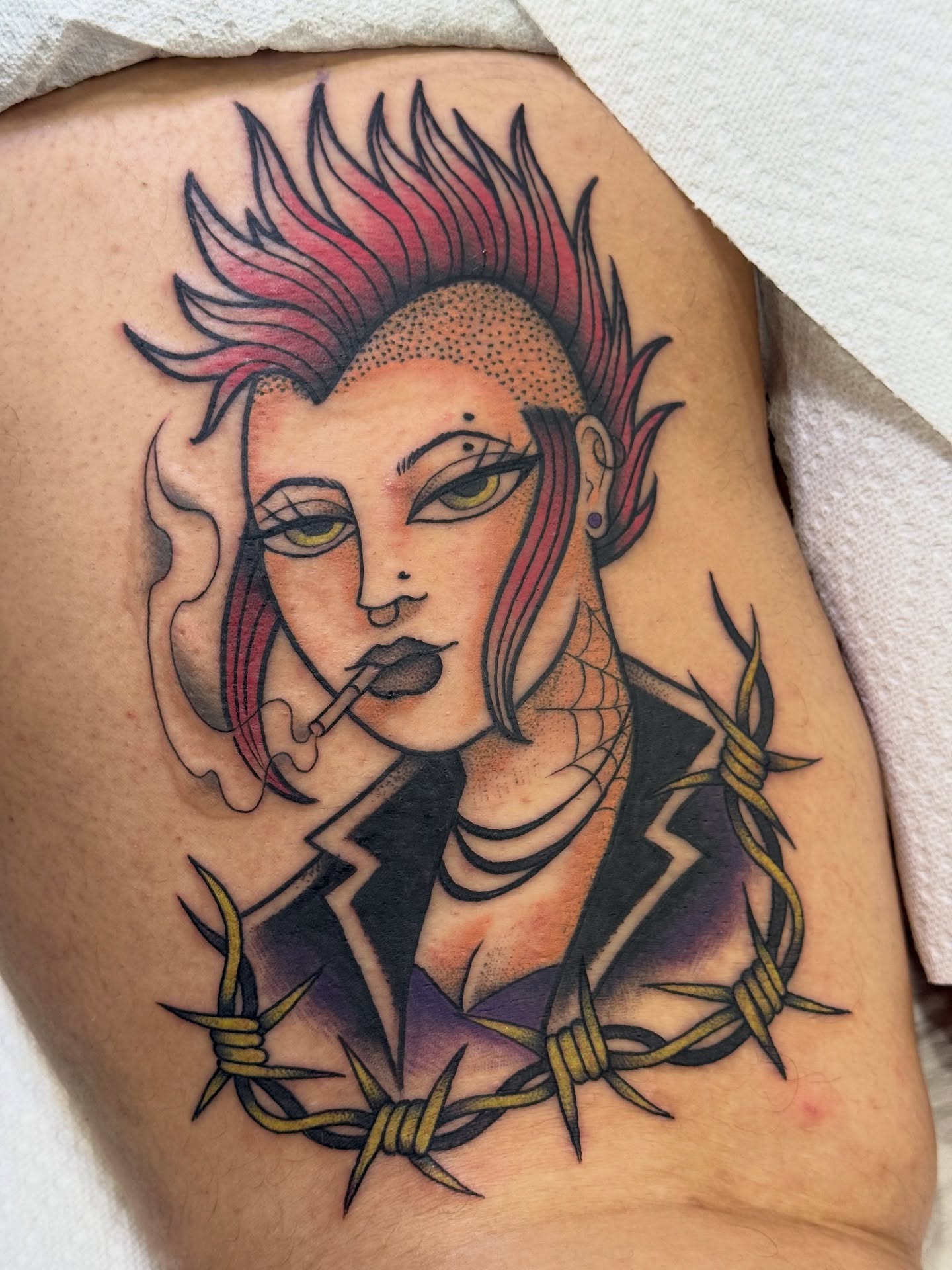 Punk woman smoking dotwork tattoo on the thigh by jenna clark🎨