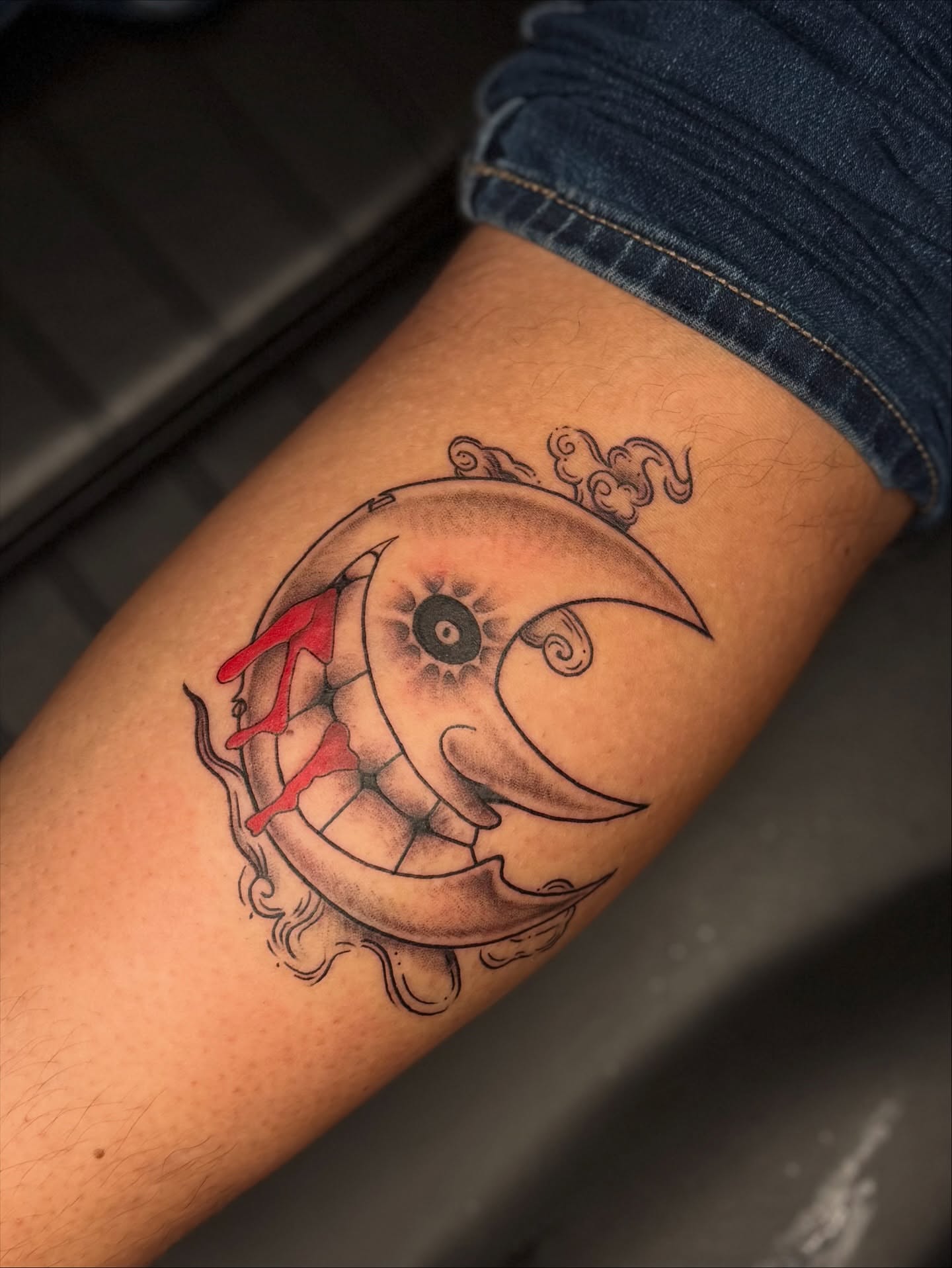Moon and eye black and grey tattoo on the forearm by Charlotte Nc📍tattoo Artist
