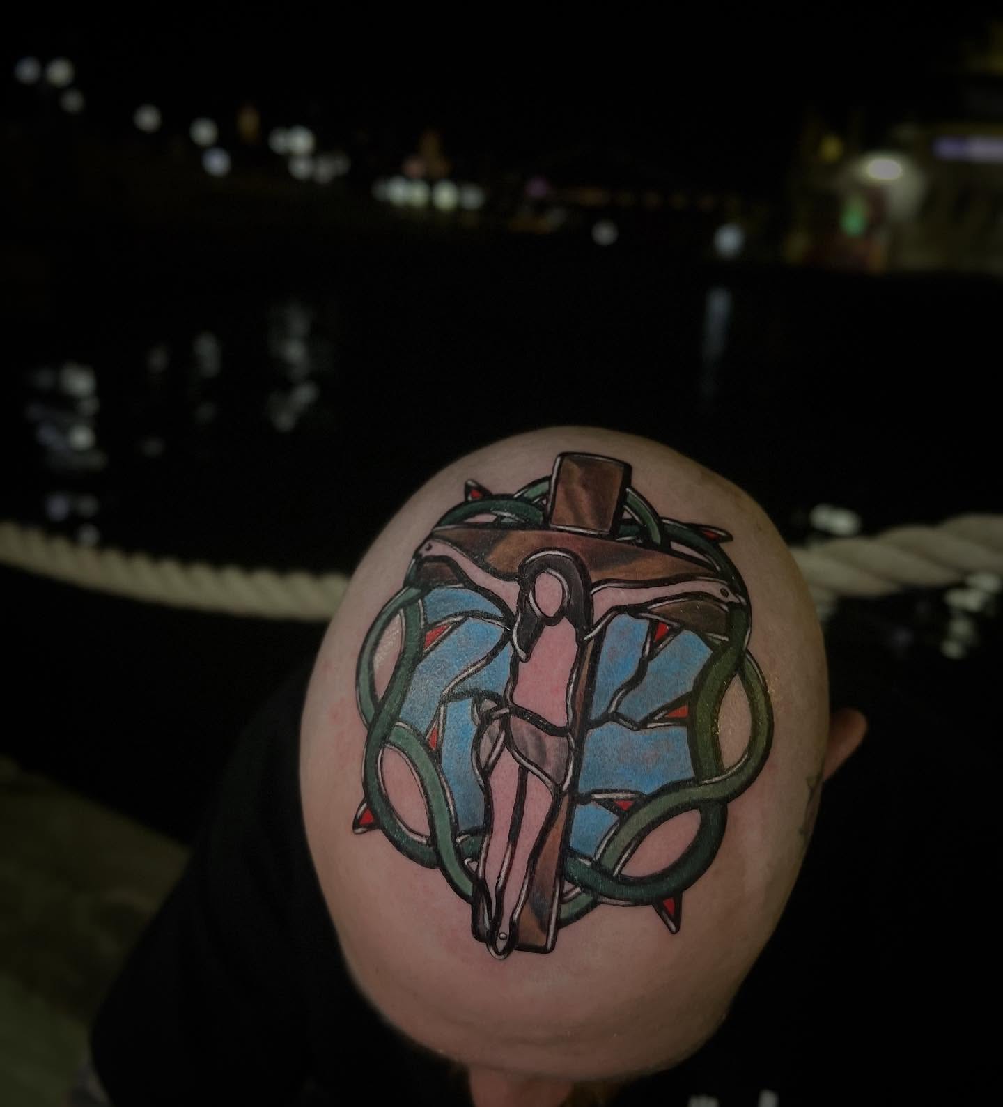 Woman in chains neo-traditional tattoo on the head by Katie Ann Tattoos