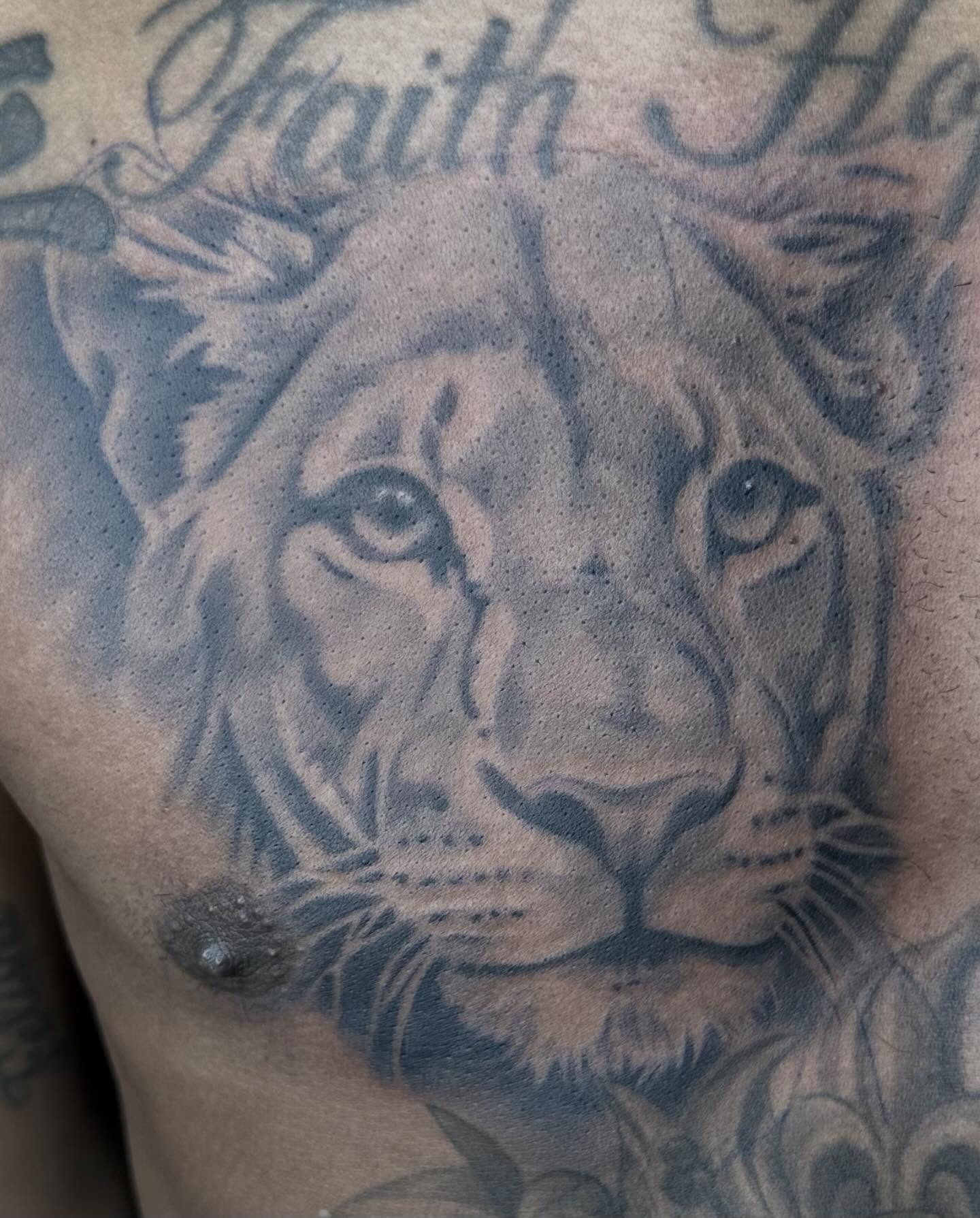 Lion realism tattoo on the chest by Kat π