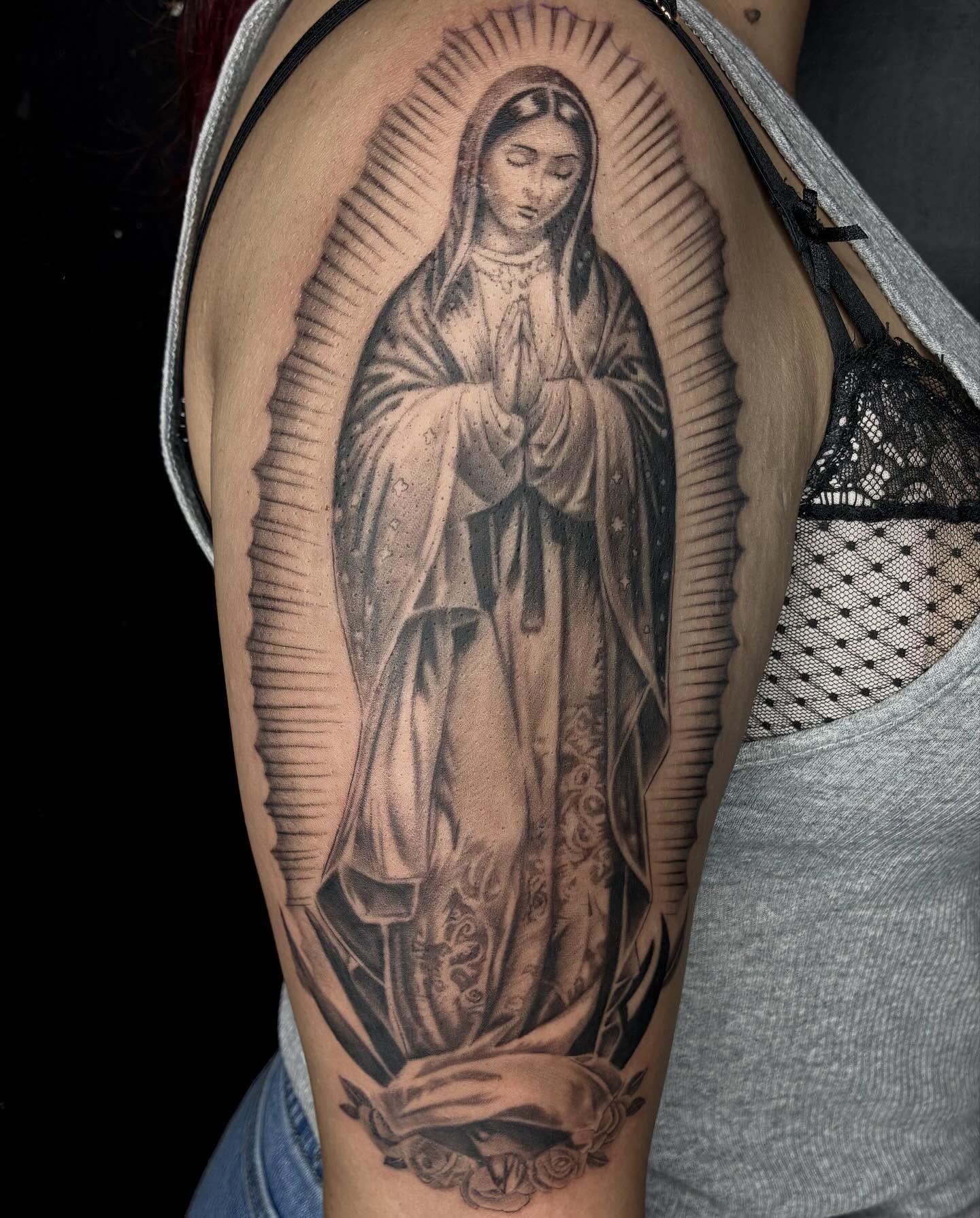 Virgin mary realism tattoo on the forearm by Kat π