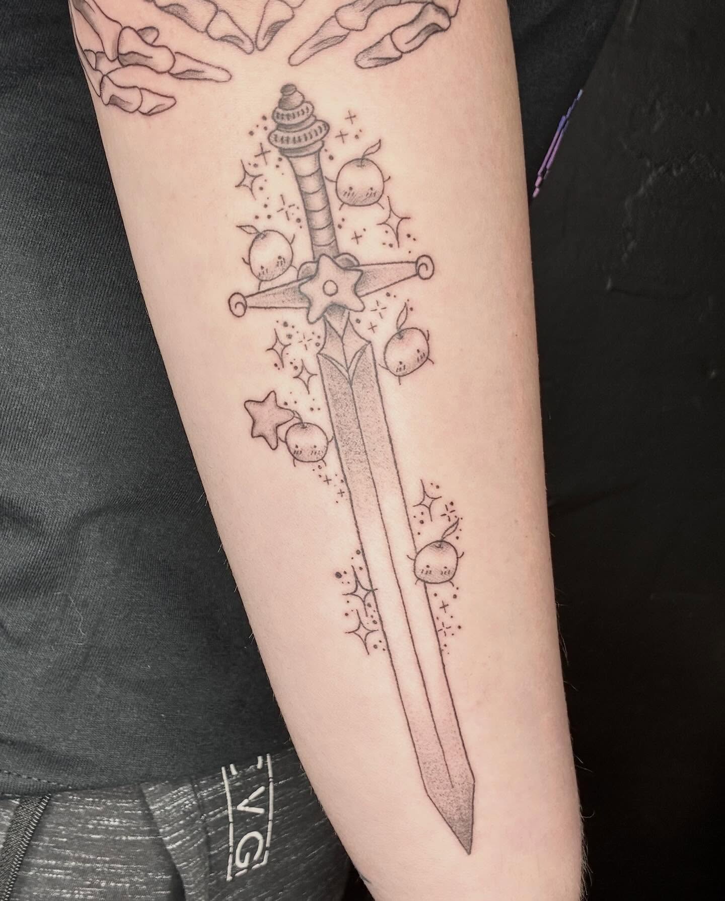 Sword and apples dotwork tattoo on the forearm by Kat π