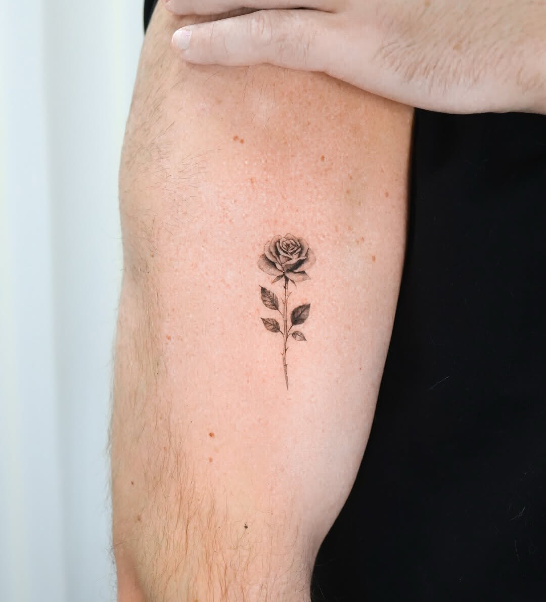 Rose fine line tattoo on the forearm by Fine Line, New York, New York