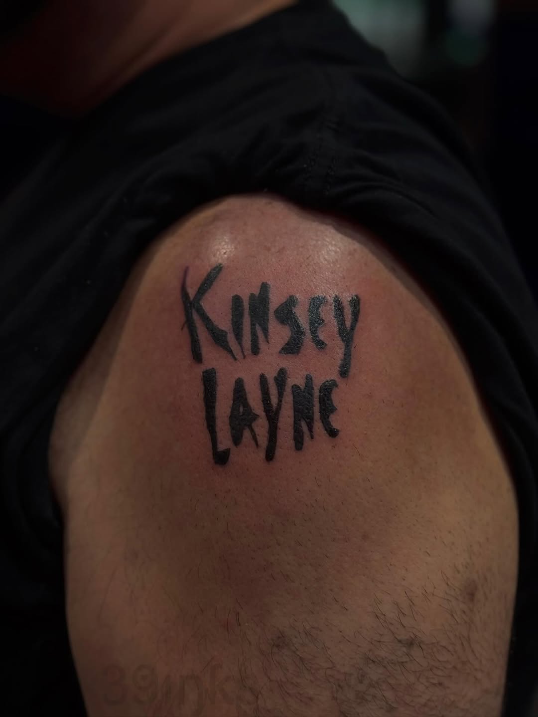 Kinsey Layne lettering tattoo on the shoulder by Juliette :D