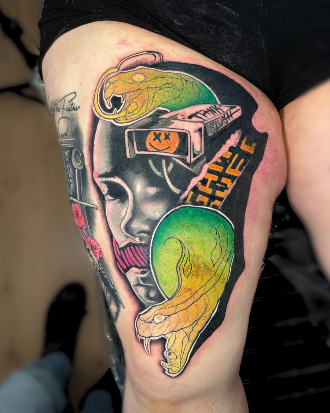 Snake and woman new school tattoo on the thigh by Brian Overholt
