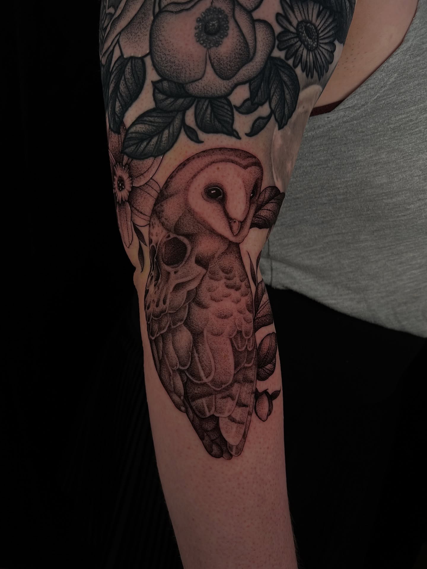 Owl dotwork tattoo on the forearm by Pam Sanders