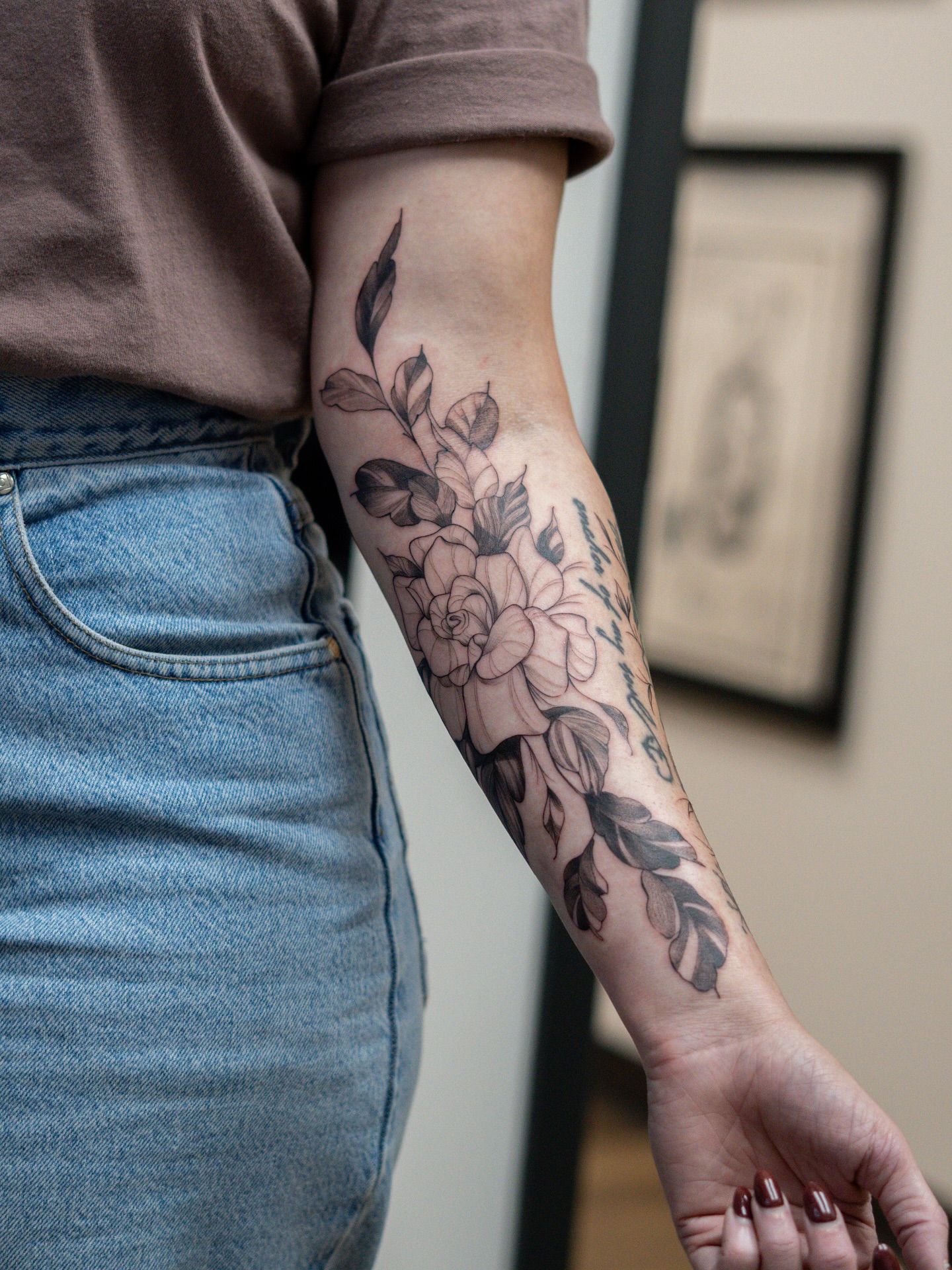 Floral bouquet black and grey tattoo on the forearm by Adriano Bassalo