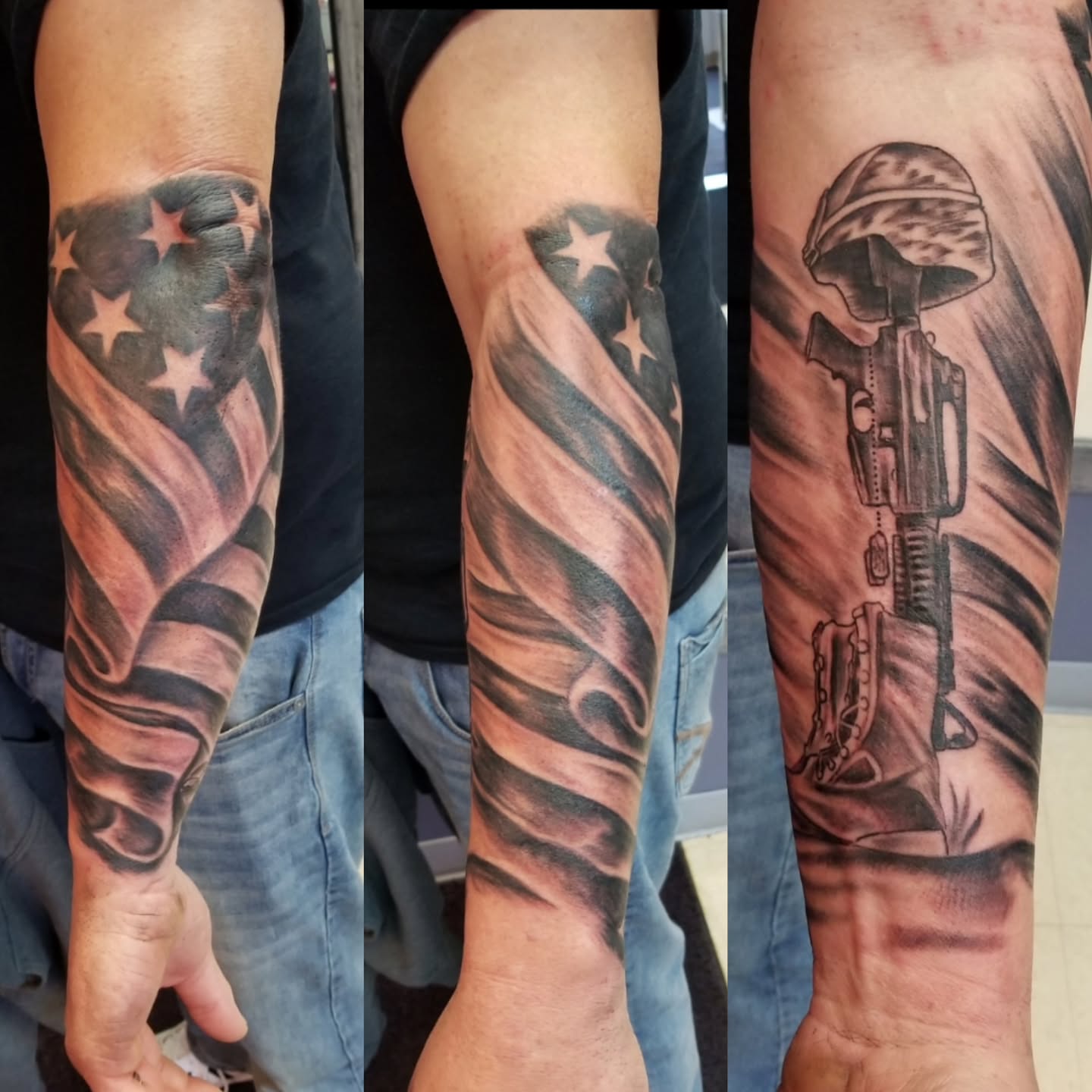 American flag and military equipment realism tattoo on the forearm by Dennis Foust