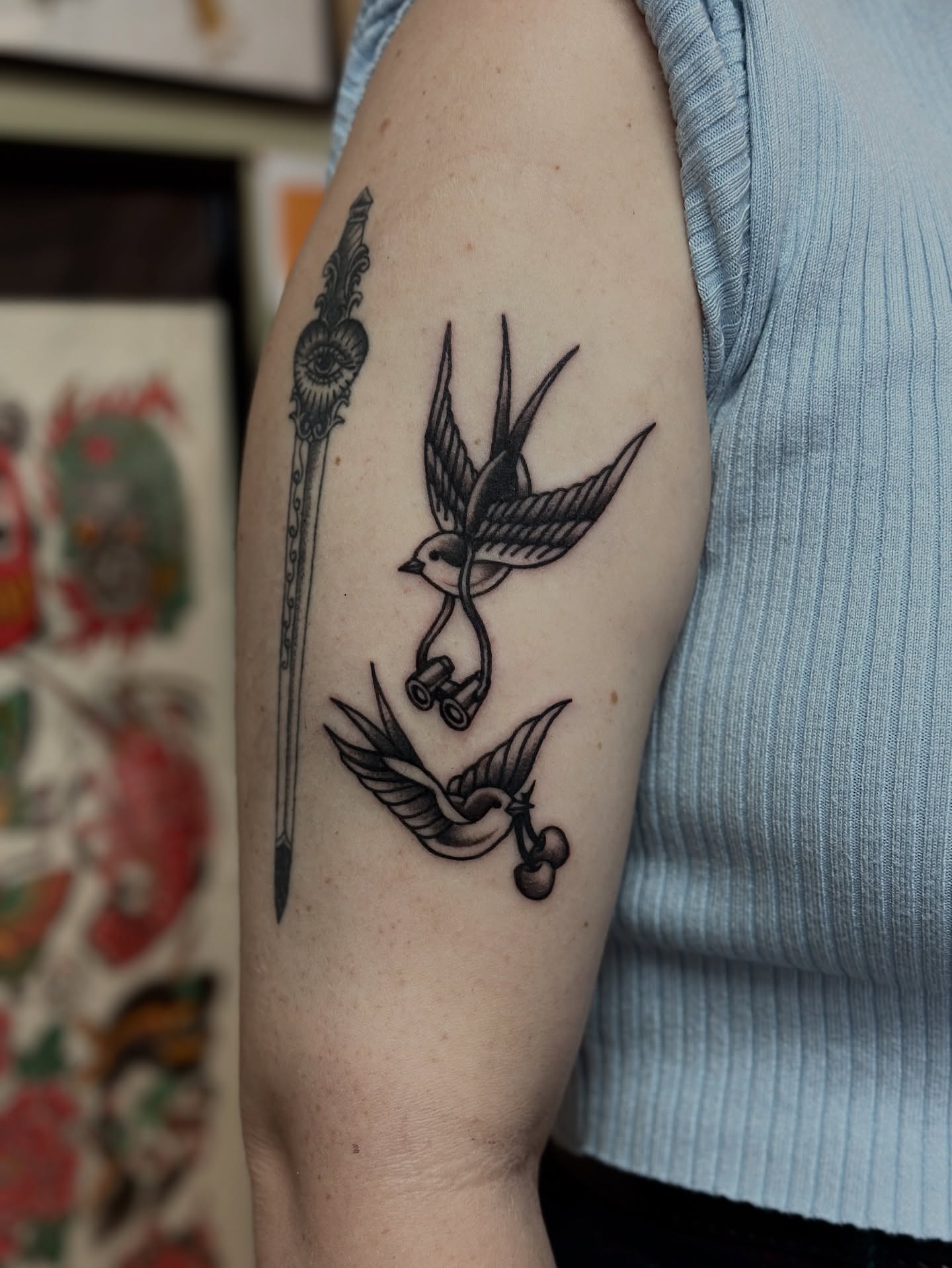 Swallows black and grey tattoo on the forearm by ππ¦π βπ¬π²π«π±π°