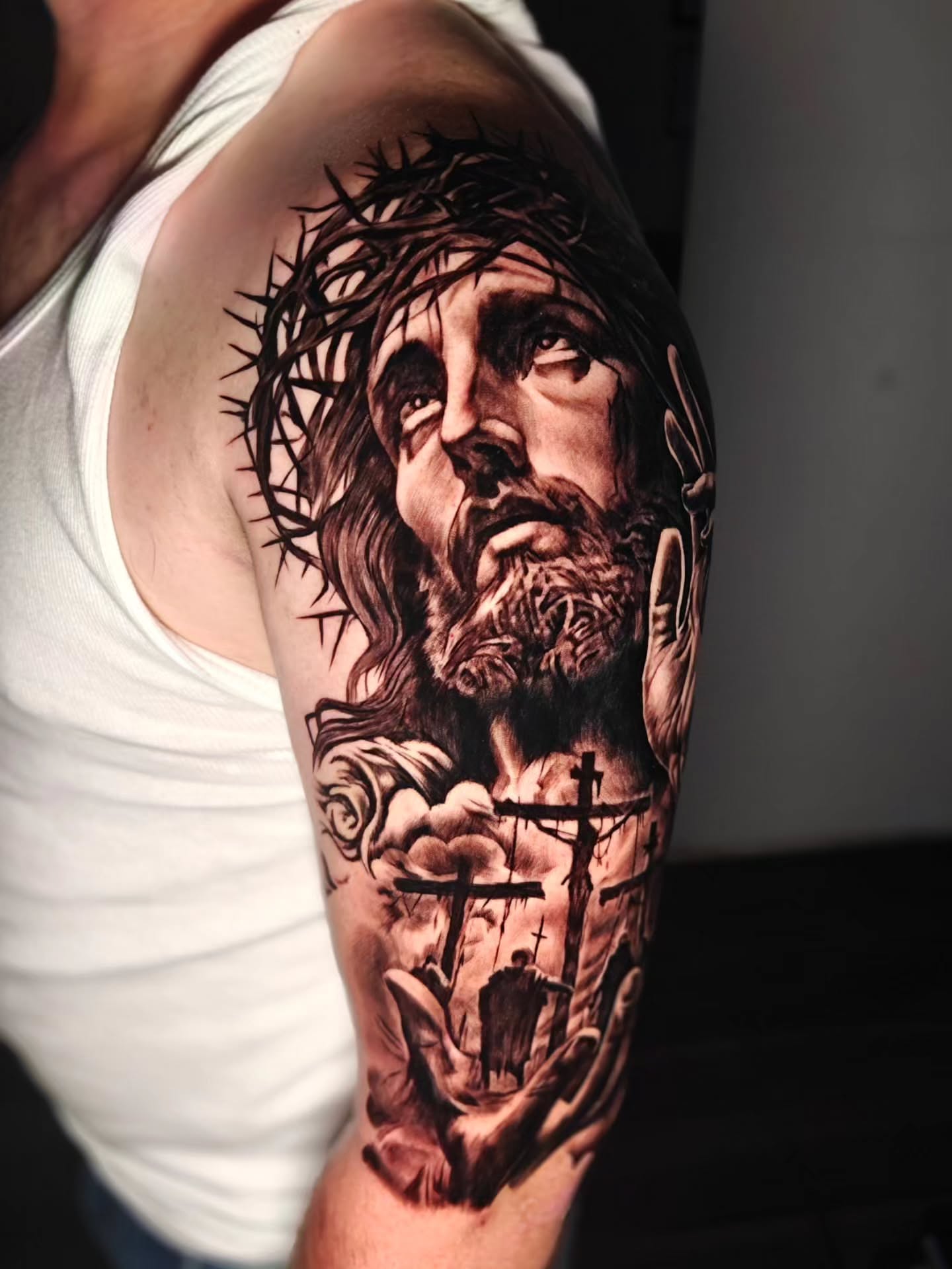 Jesus Christ realism tattoo on the forearm by Efren Del Rio
