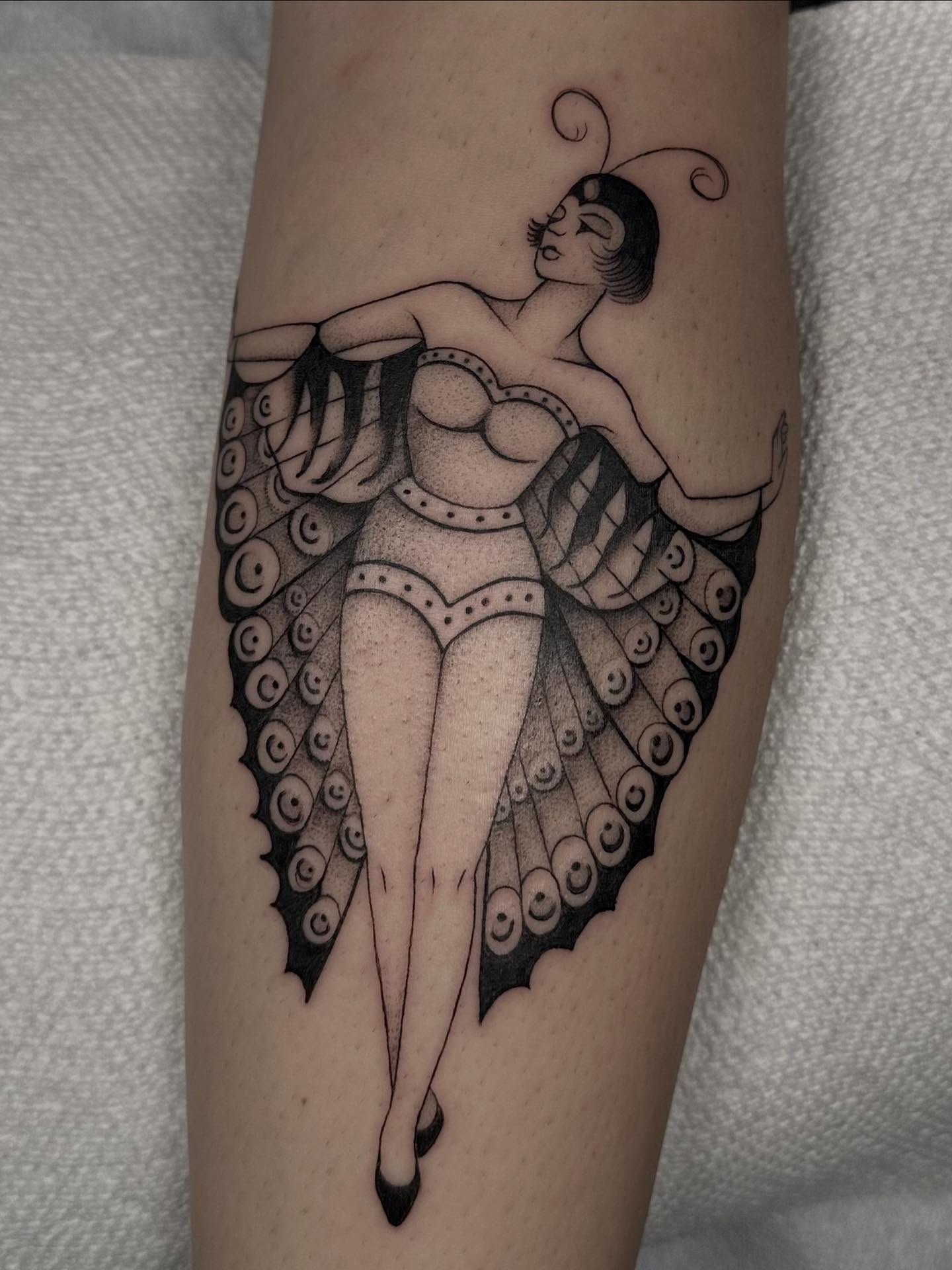 Winged woman dotwork tattoo on the forearm by Lia Massari
