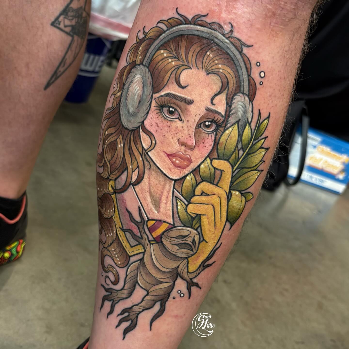 Belle with headphones American traditional tattoo on the forearm by 𝓢𝓪𝓶 𝓛𝓲𝓽𝓽𝓵𝓮