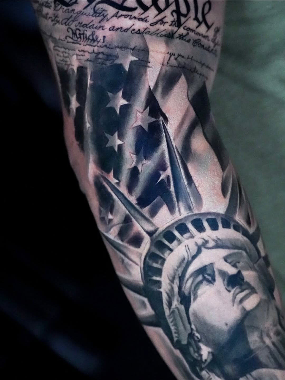 Statue of Liberty and American flag realism tattoo on the forearm by ✝️ Nicholas Fernandez ✝️