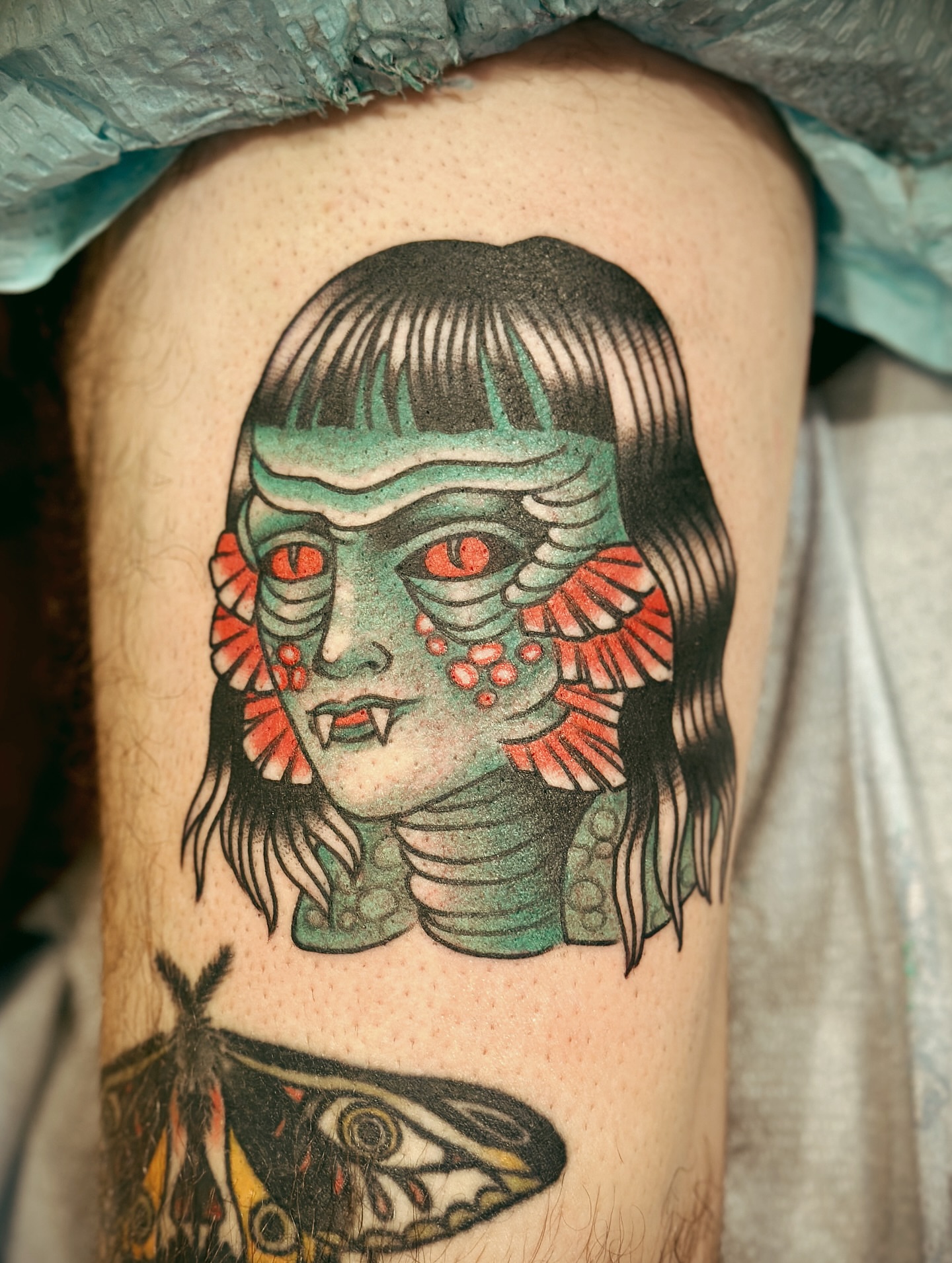 Vampire woman American traditional tattoo on the thigh by Holly Ellis, San Francisco, California