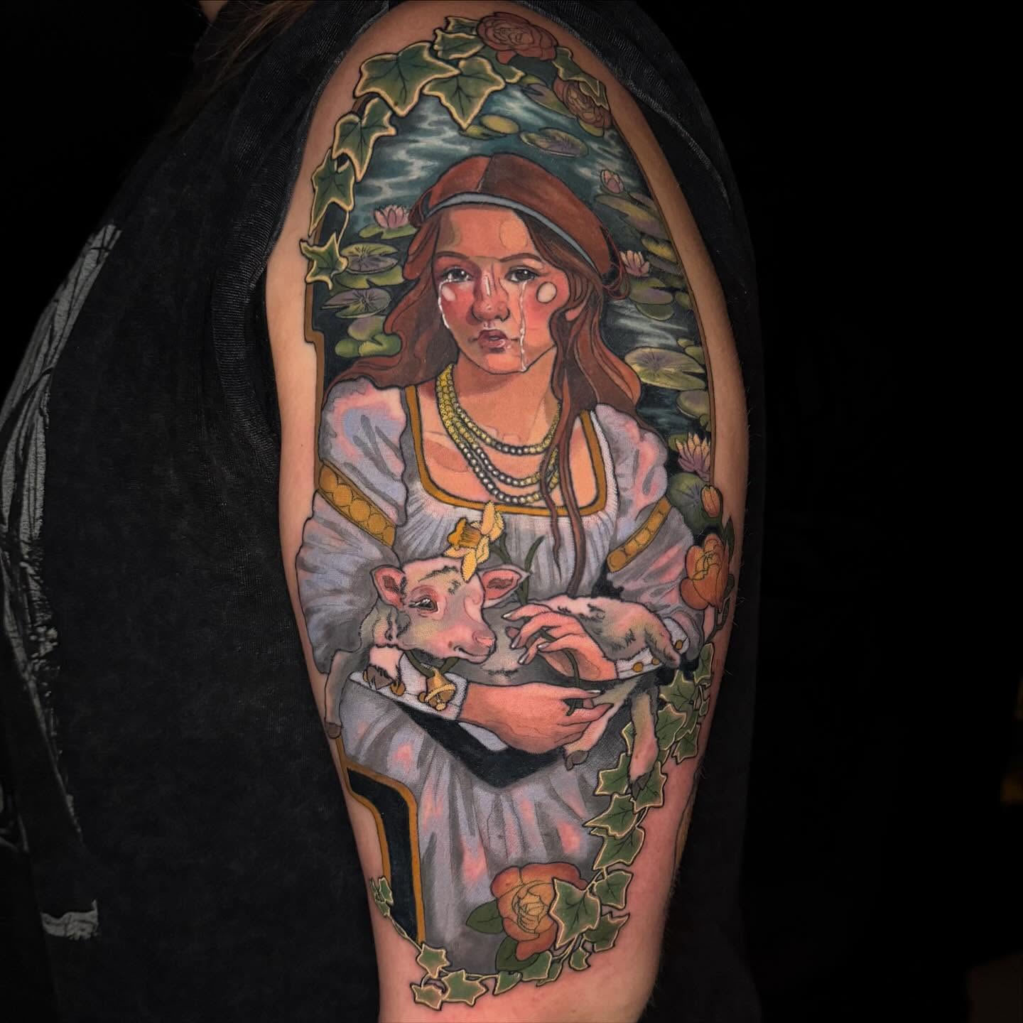 Girl with piglet realism tattoo on the forearm by Paige Hudon, Chicago, Illinois