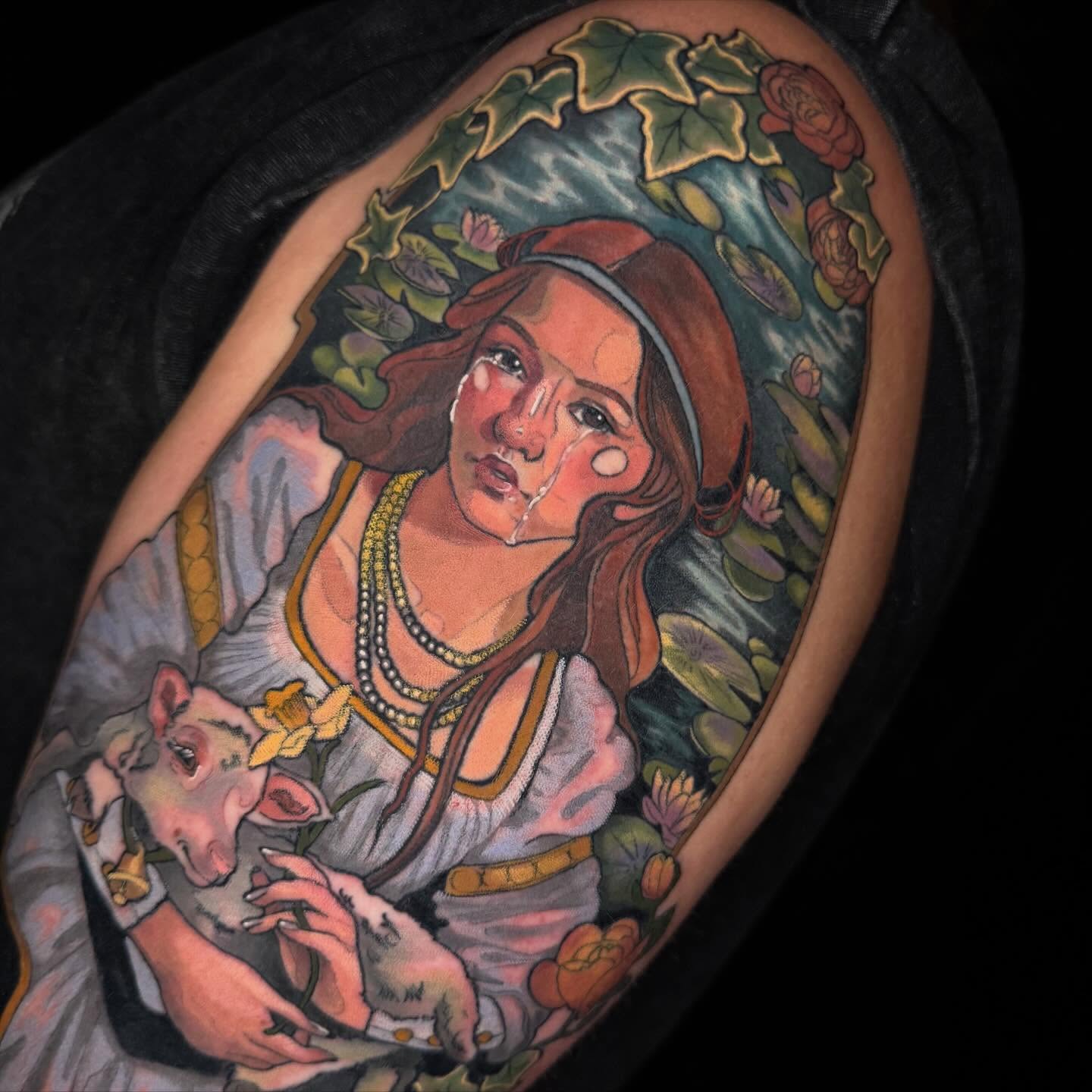 Woman with goat realism tattoo on the shoulder by Paige Hudon, Chicago, Illinois