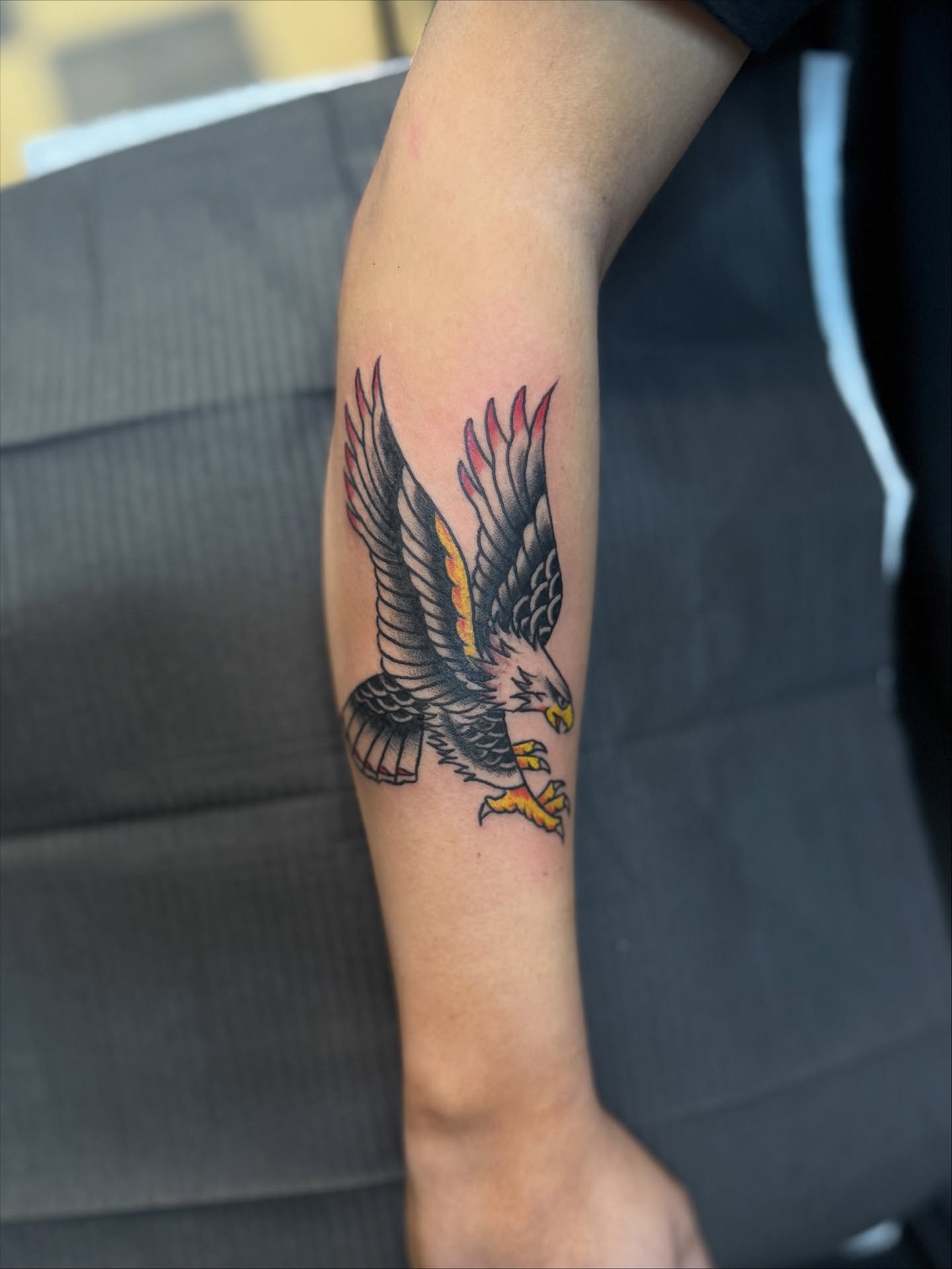 Eagle American traditional tattoo on the forearm by Gary Chase