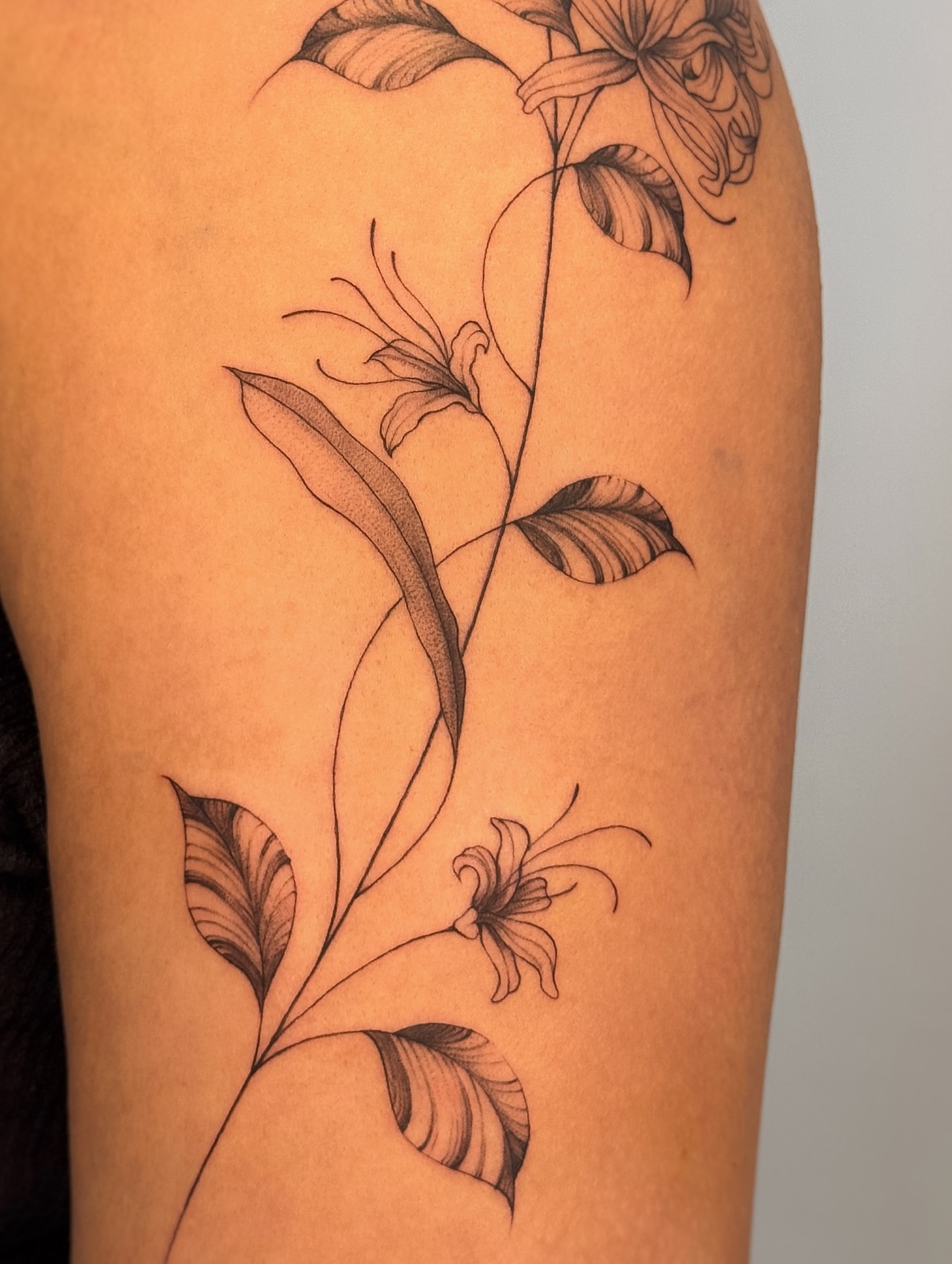 Lily flowers black and grey tattoo on the upper arm by Gianna Rodriguez