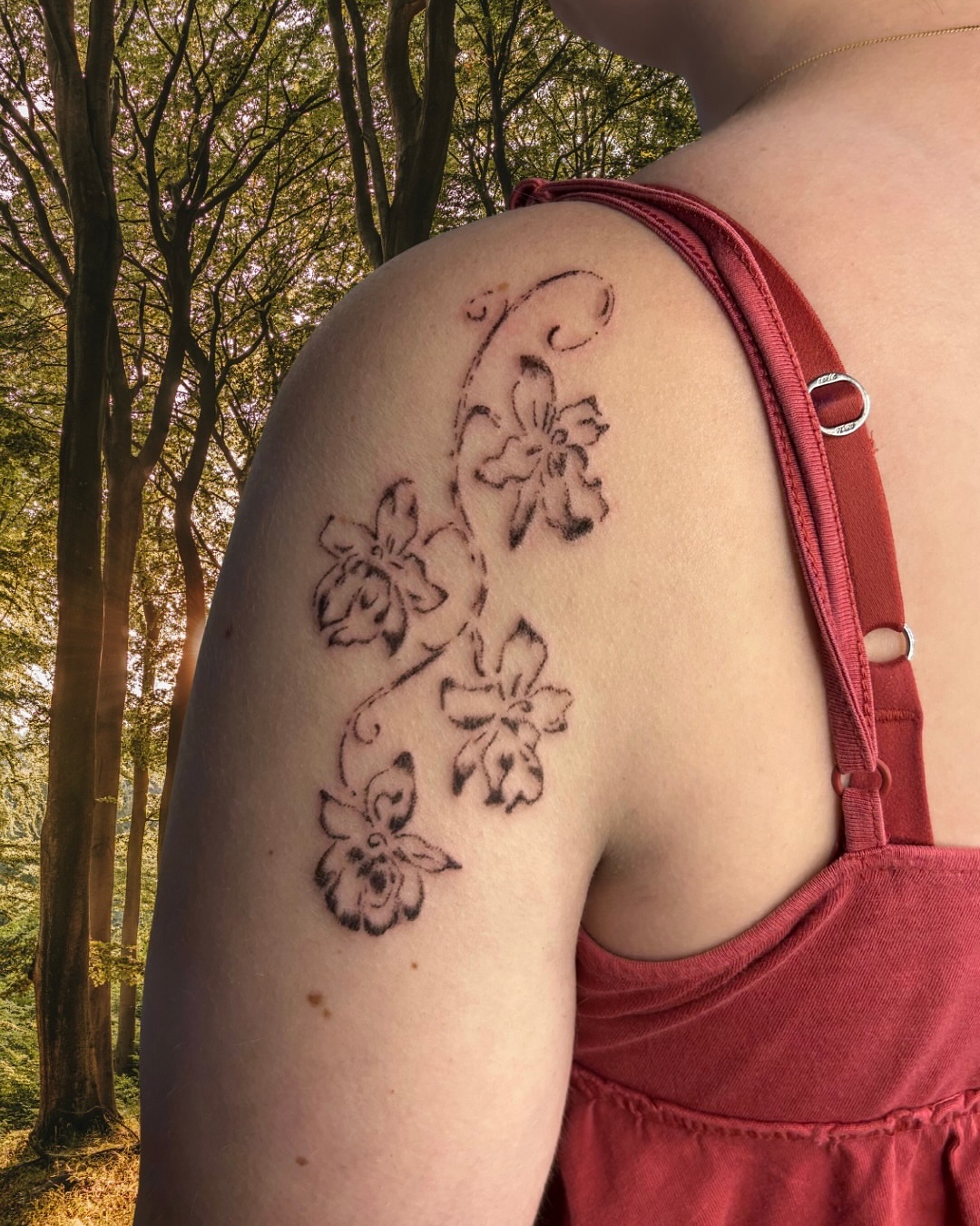 Floral design black and grey tattoo on the shoulder by wanderfernfairy