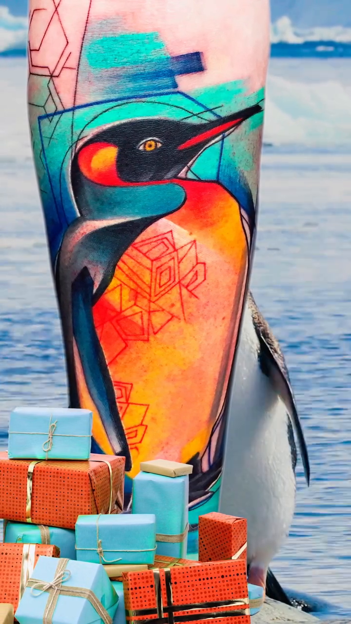 Penguin with gifts neo-traditional tattoo by Ivana Belakova