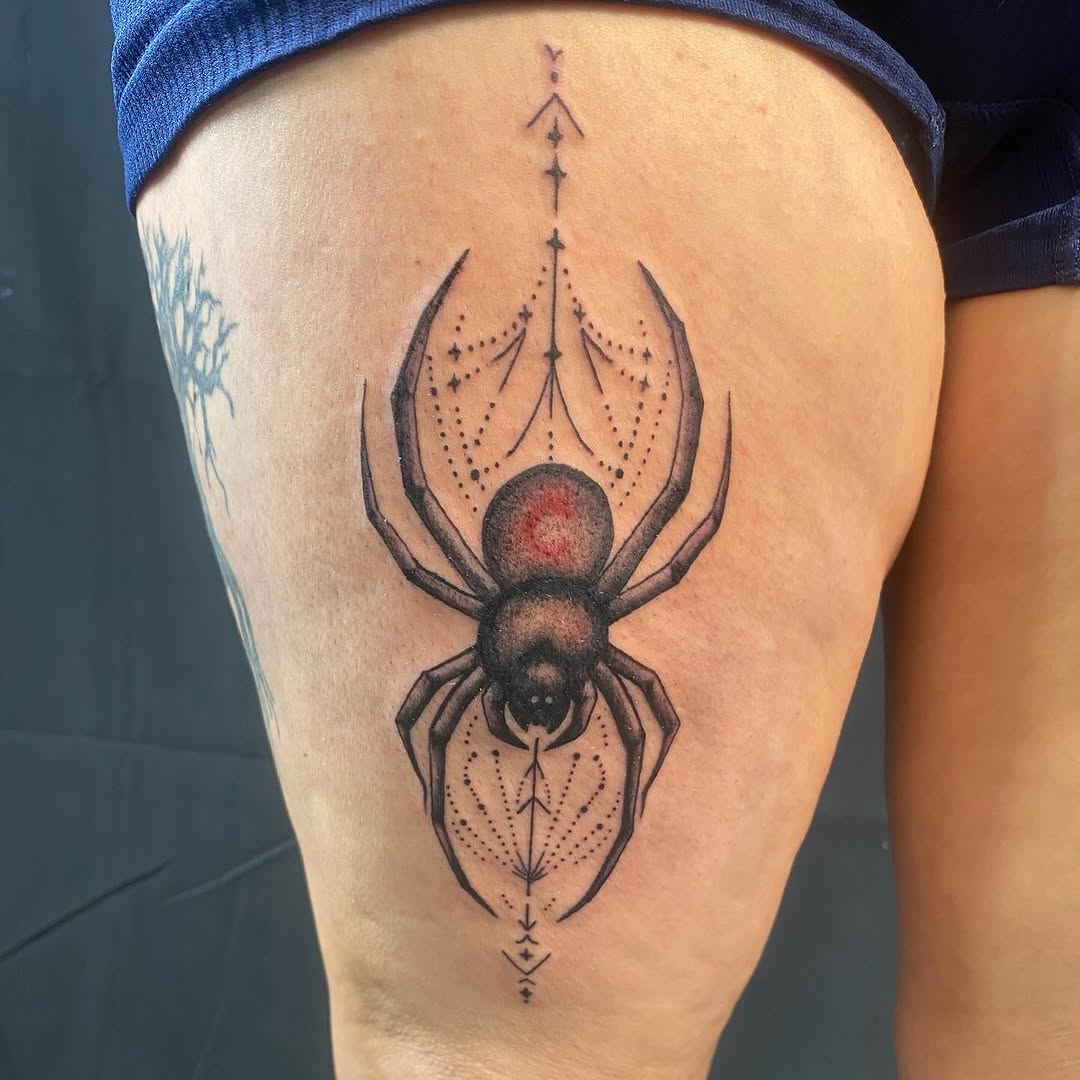 Spider with geometric patterns blackwork tattoo on the thigh by MD Ariel🦷