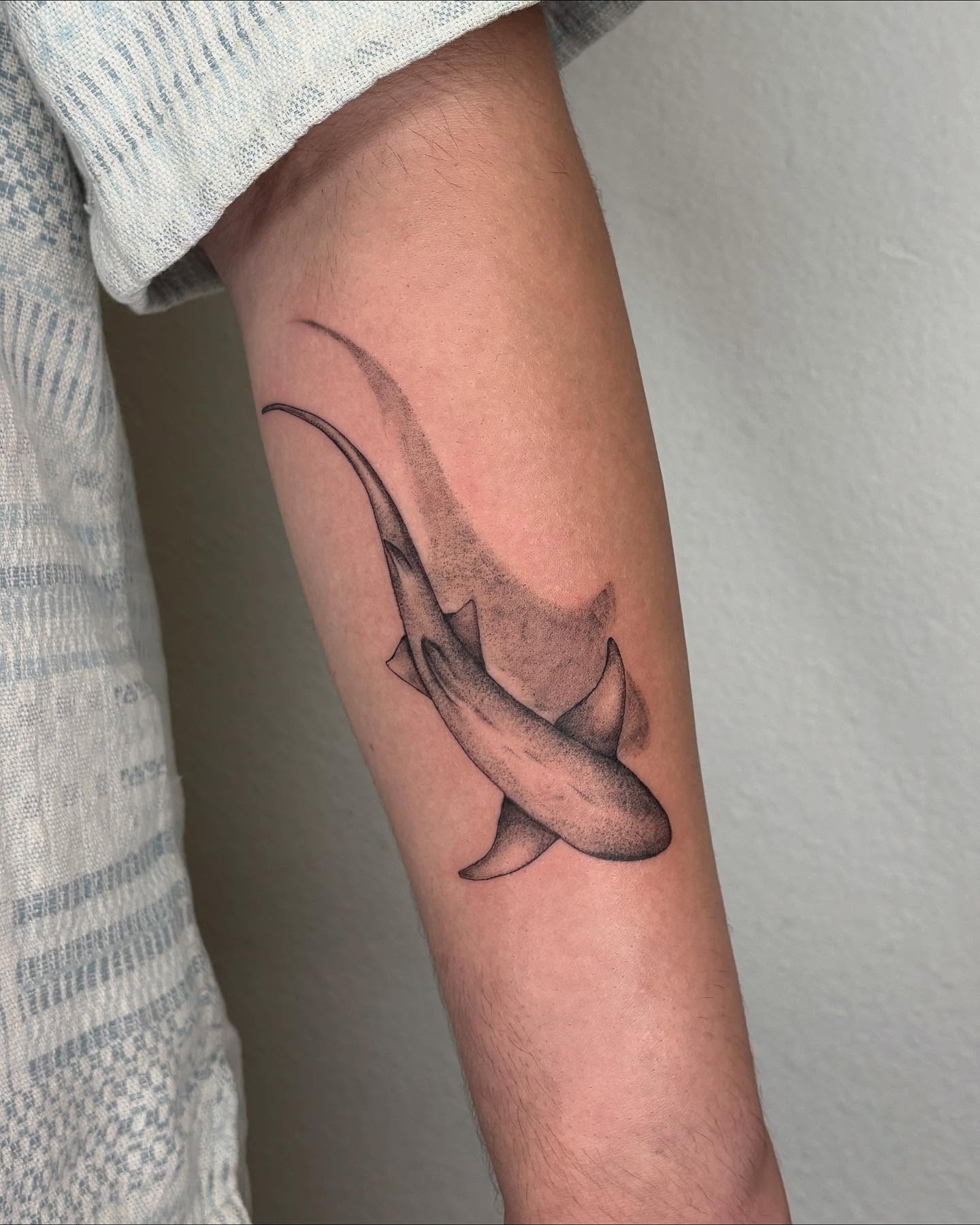 Shark dotwork tattoo on the forearm by alyssa doing tattoos