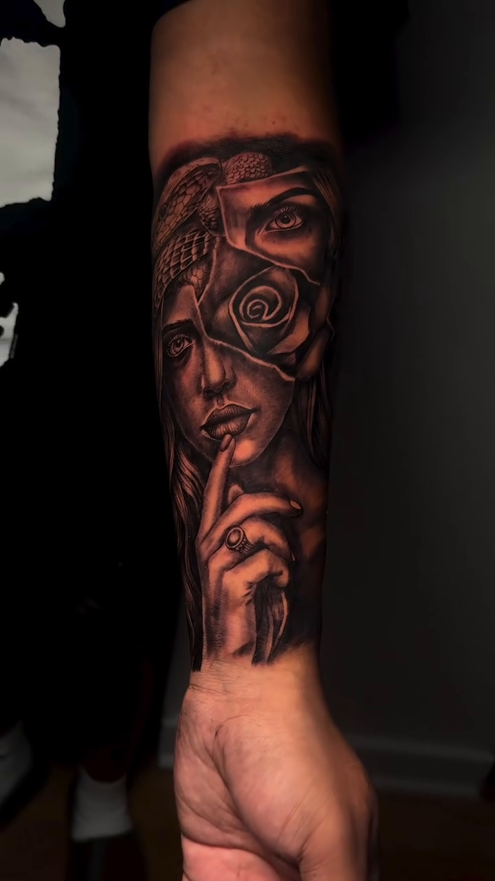 Woman and rose realism tattoo by Thomas