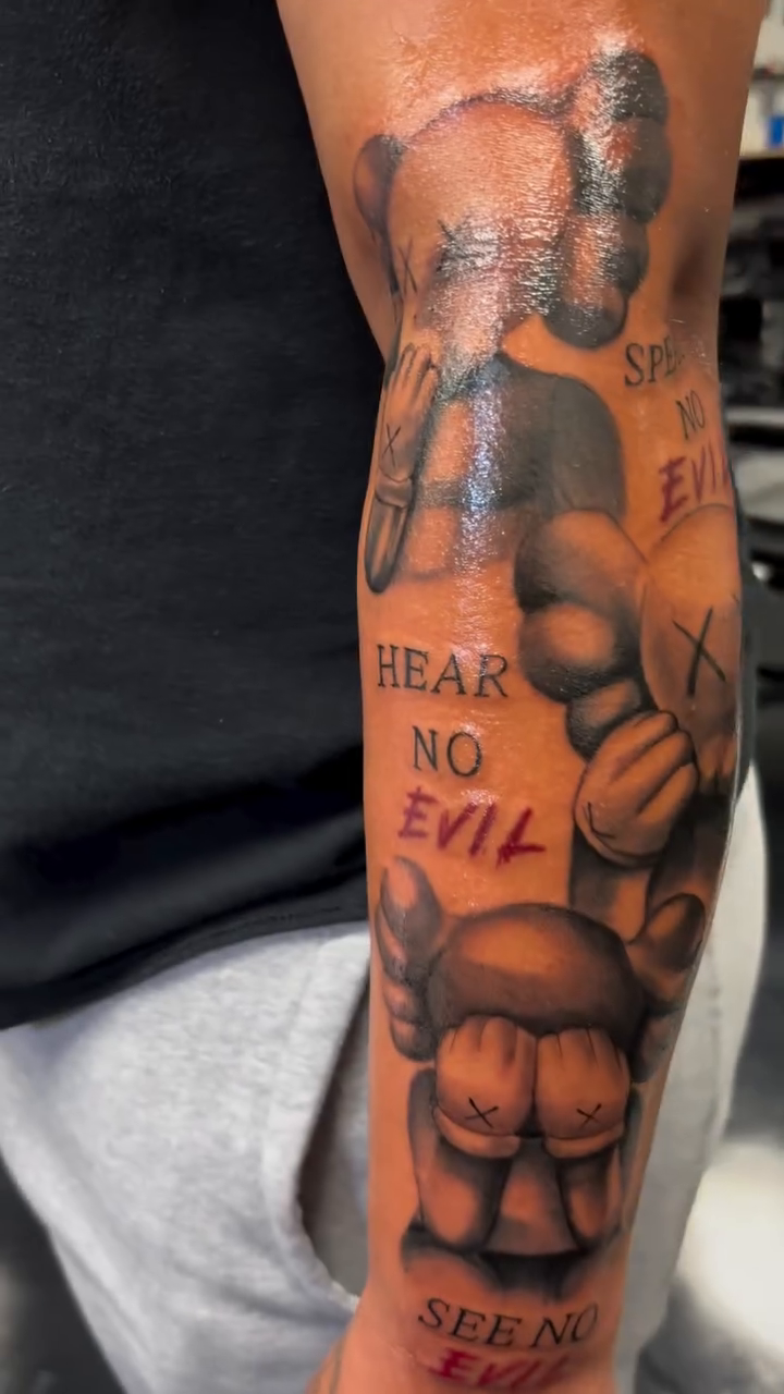 Three wise monkeys and KAWS figures realism tattoo by J.diaz🎖️