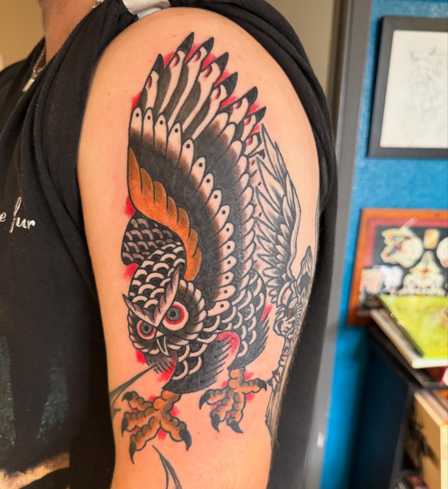 Owl American traditional tattoo on the shoulder by Joe Truck