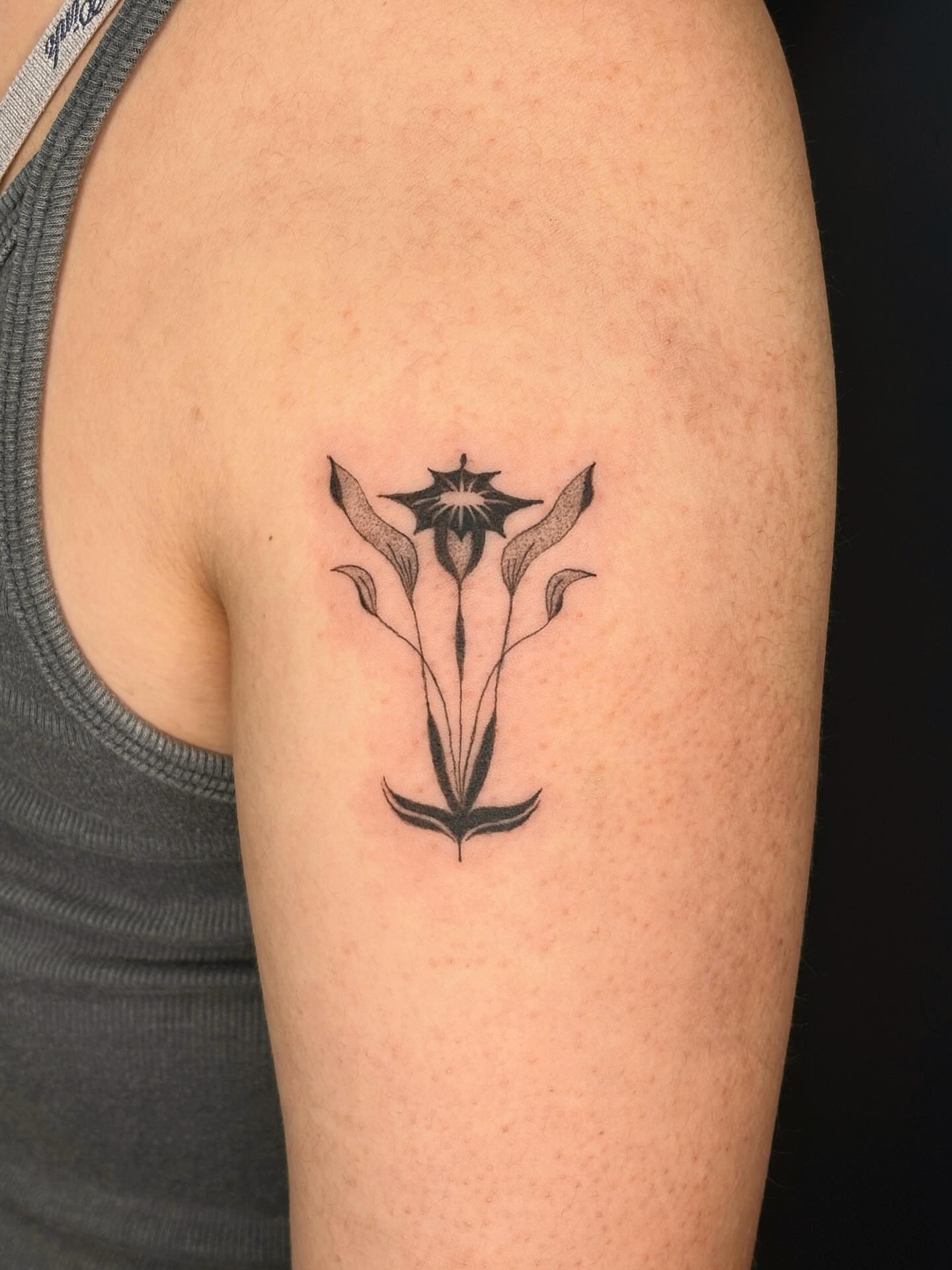 Flower black and grey tattoo on the upper arm by ꜱʜɪʀʟᴇʏ