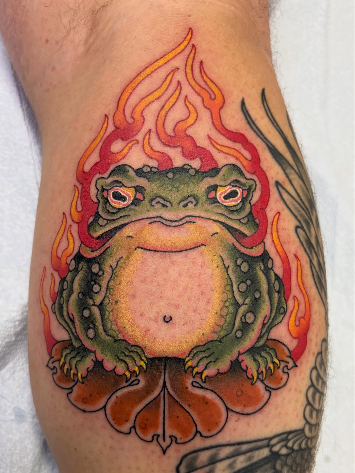 Toad American traditional tattoo on the forearm by Jakob Ristau, Kansas City, Missouri
