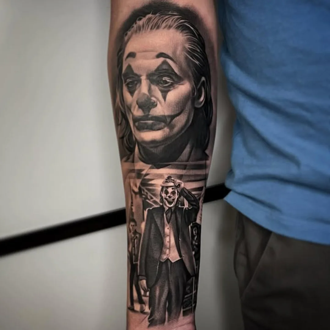 Joker character realism tattoo on the forearm by ink.alchemist